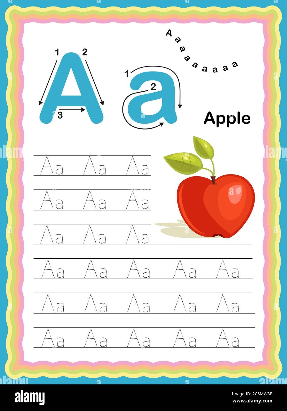 Colorful Letter A Uppercase And Lowercase Tracing Alphabets Start With Vegetables And Fruits Daily Writing Practice Worksheet Printable A4 Size Col Stock Photo Alamy