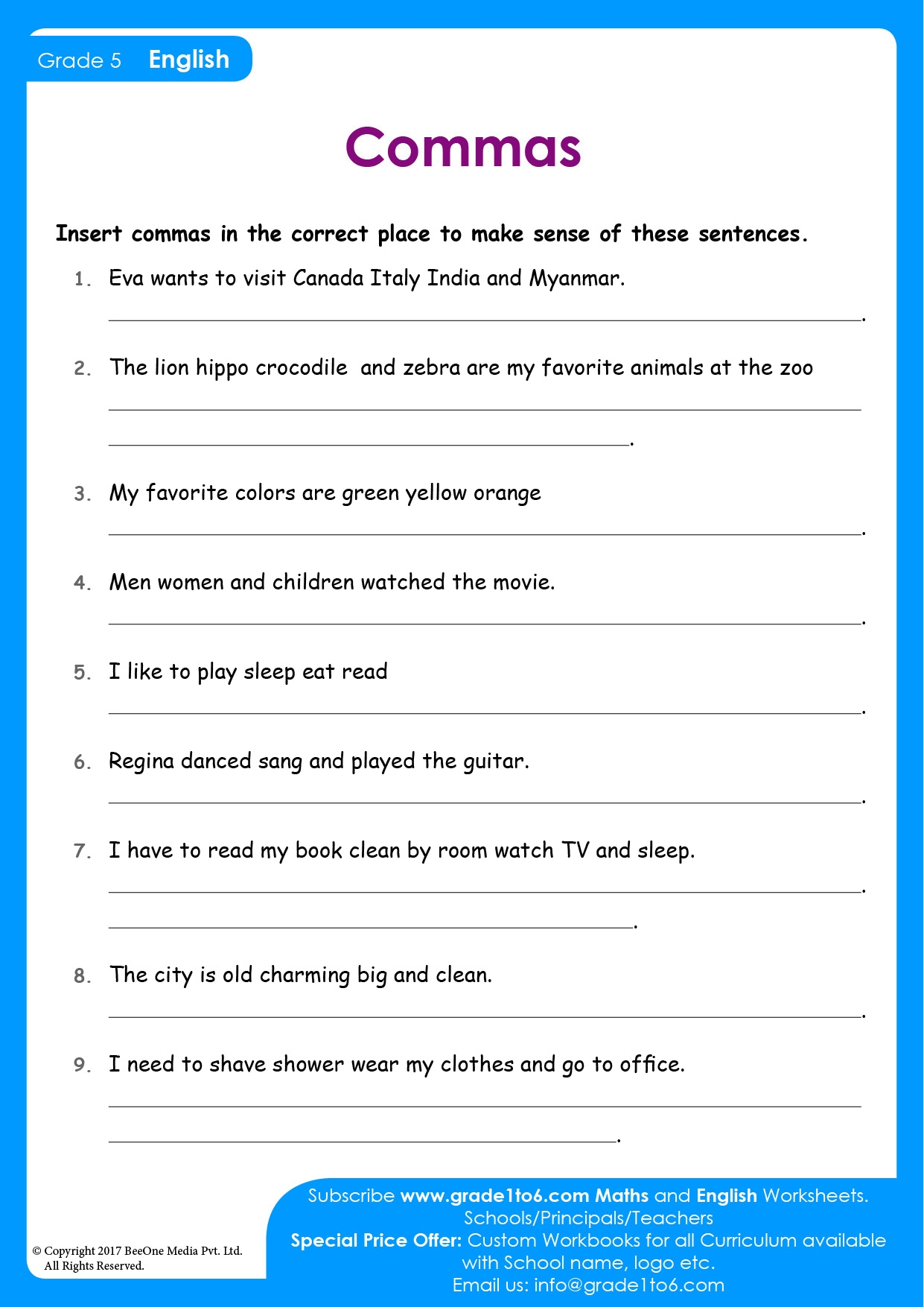 Comma Worksheet For Class 4 And 5 Grade1to6