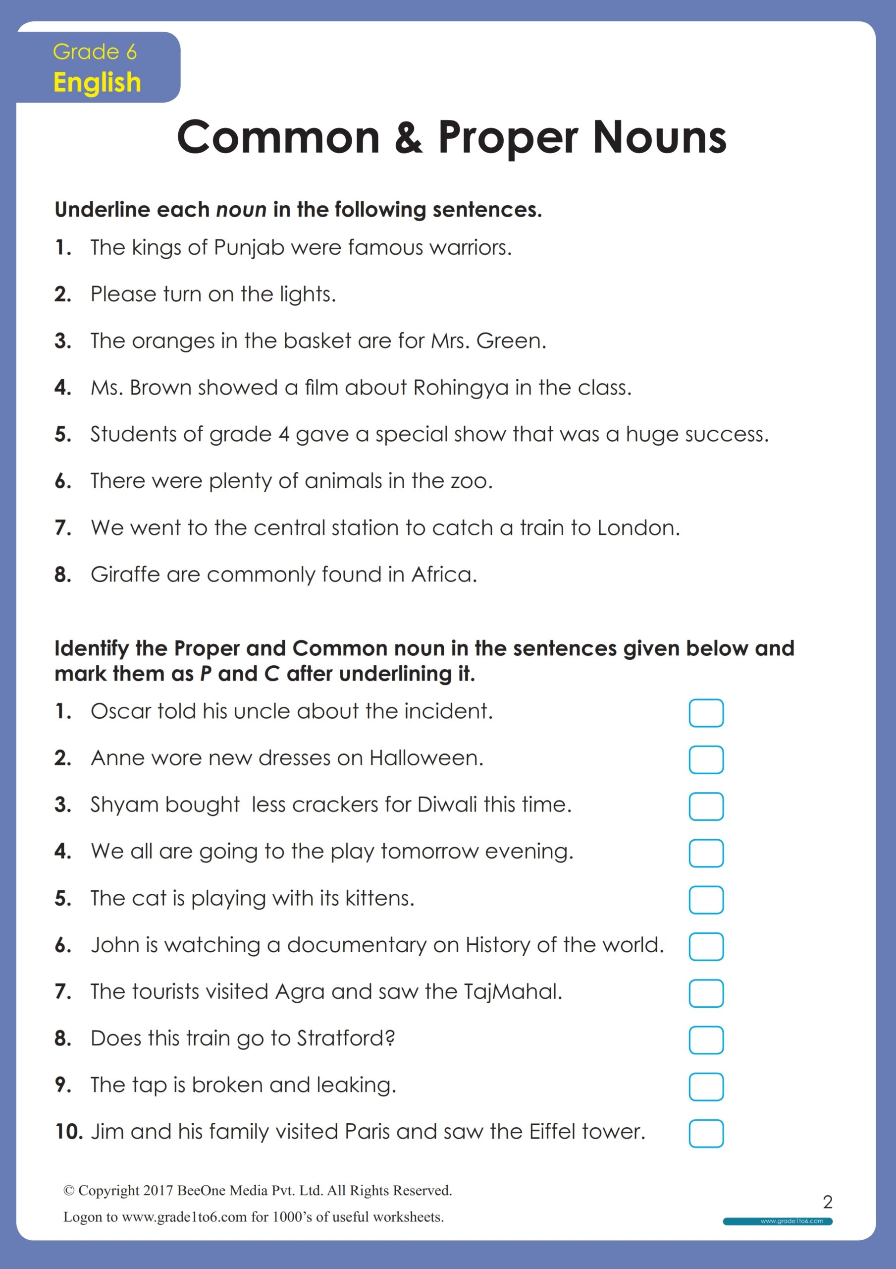 Common And Proper Nouns Worksheet Grade1to6
