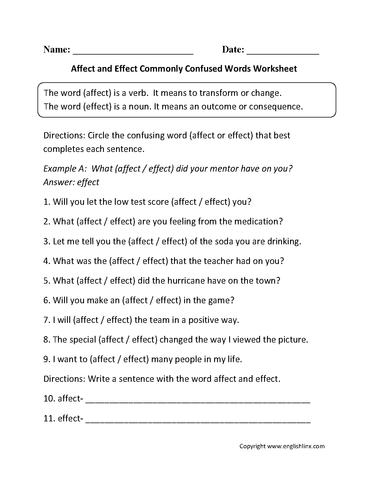Commonly Confused Words Worksheets Affect And Effect Commonly Confused Words Worksheets Affect Vs Effect Worksheet For Class 5 Free PDF Practice