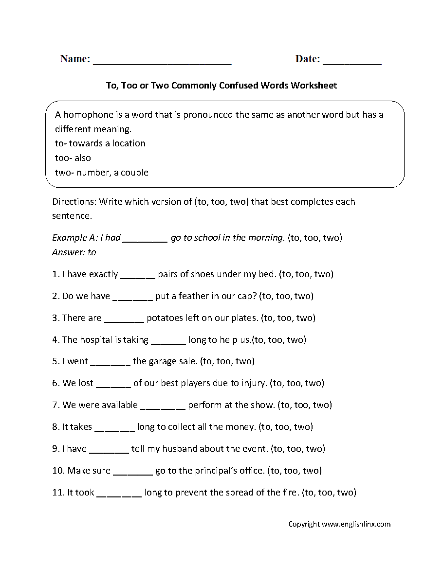 Commonly Confused Words Worksheets To Two Too Commonly Confused Words Worksheets