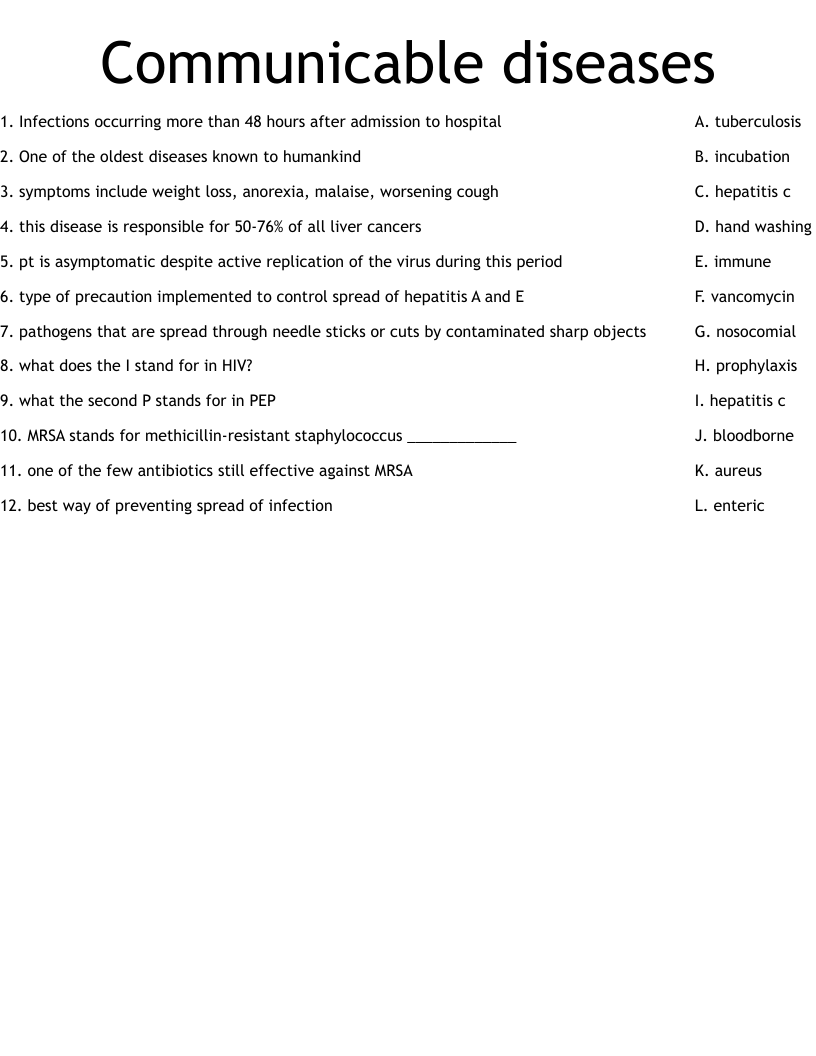 Communicable Diseases Worksheet WordMint