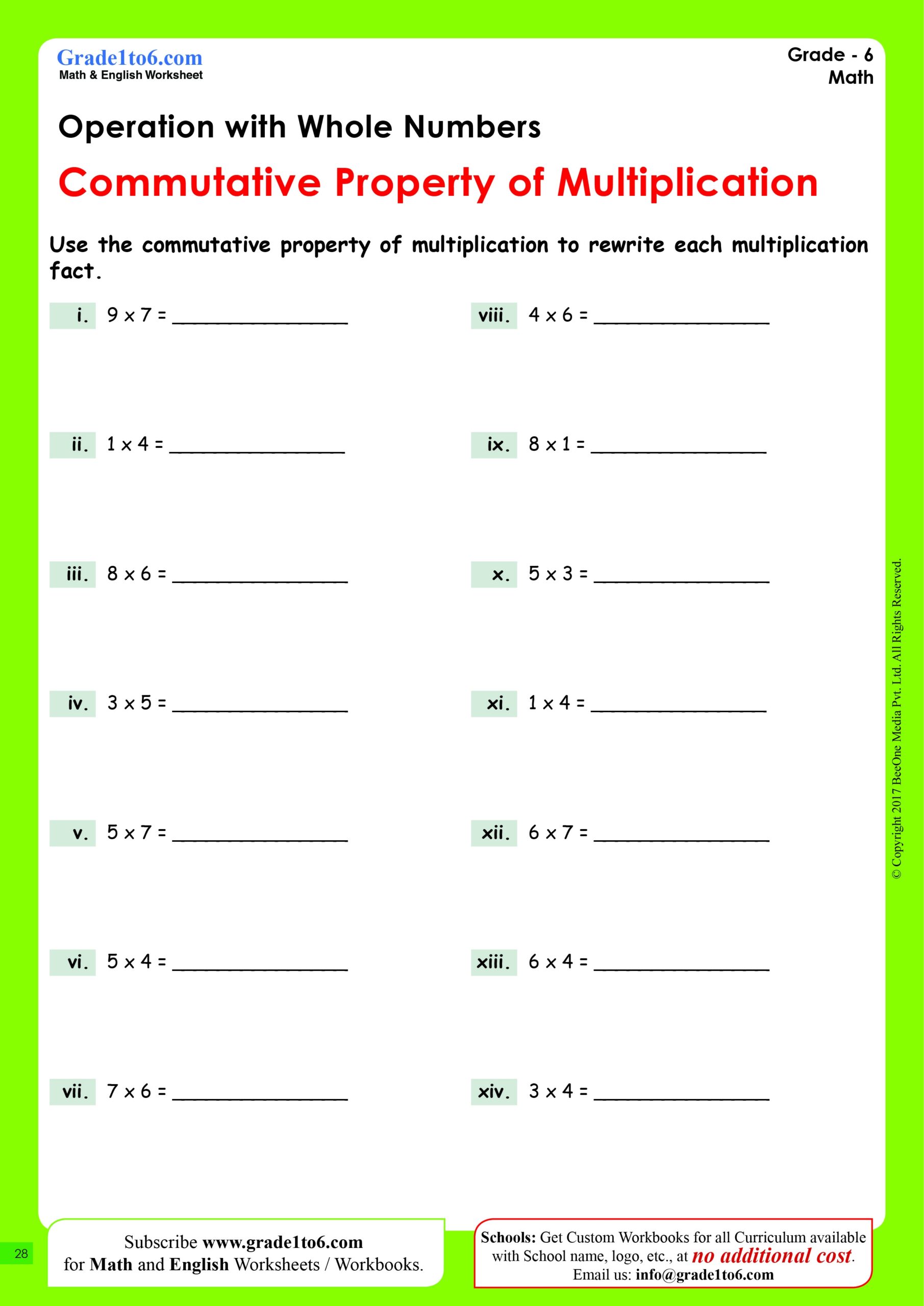 Commutative Property Of Multiplication Grade1to6 Worksheets Library