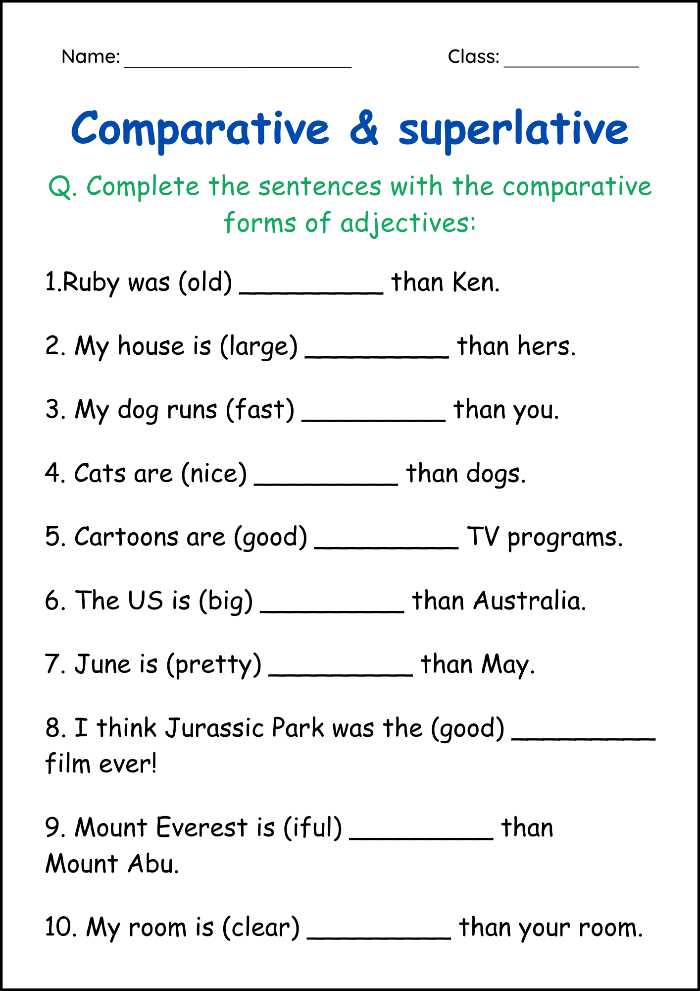 Comparative And Superlative Adjectives Grammar Worksheets For Grade 1 2 3 Made By Teachers