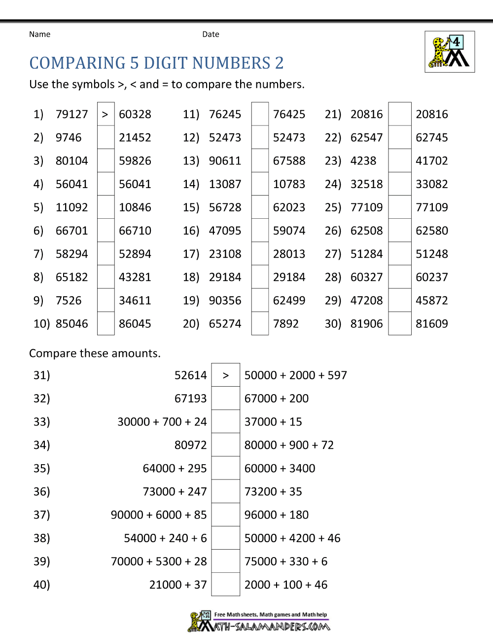 Comparing And Ordering Whole Numbers Worksheets Comparing And Ordering Whole Numbers Worksheets