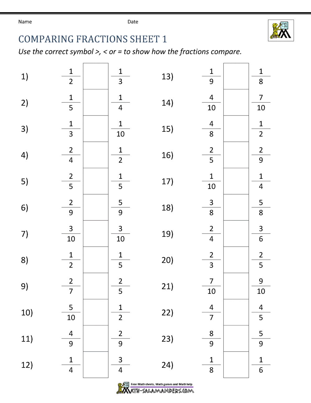 Comparing Fractions Worksheet
