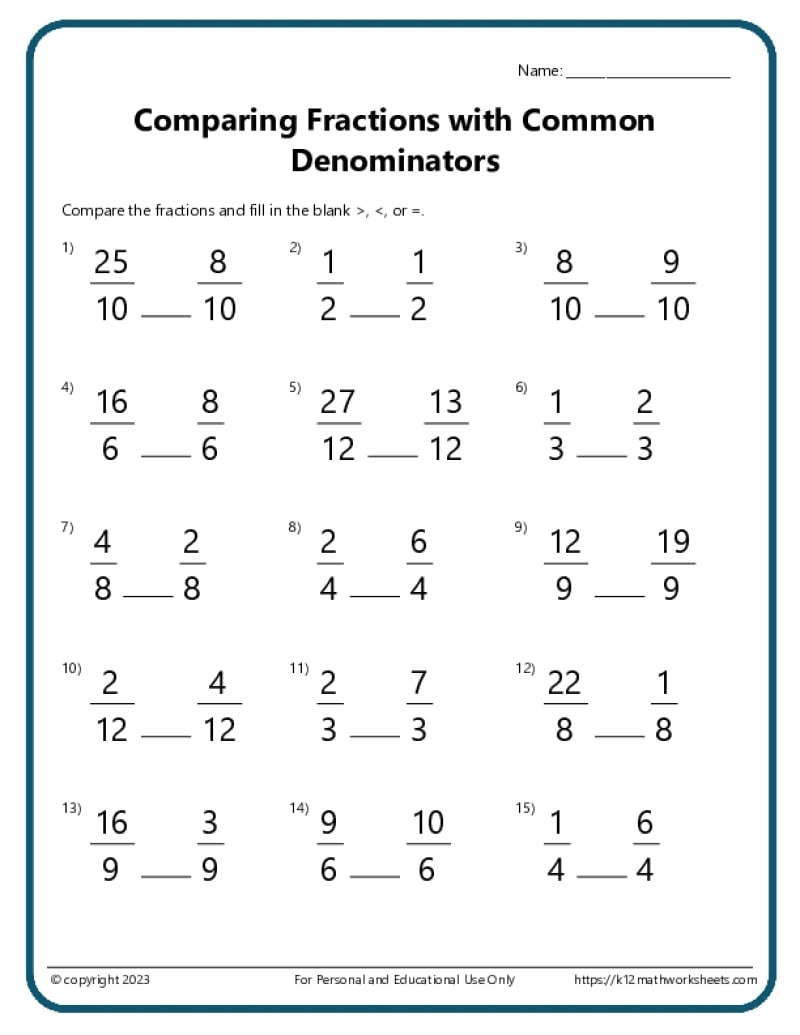 Comparing Fractions Worksheets