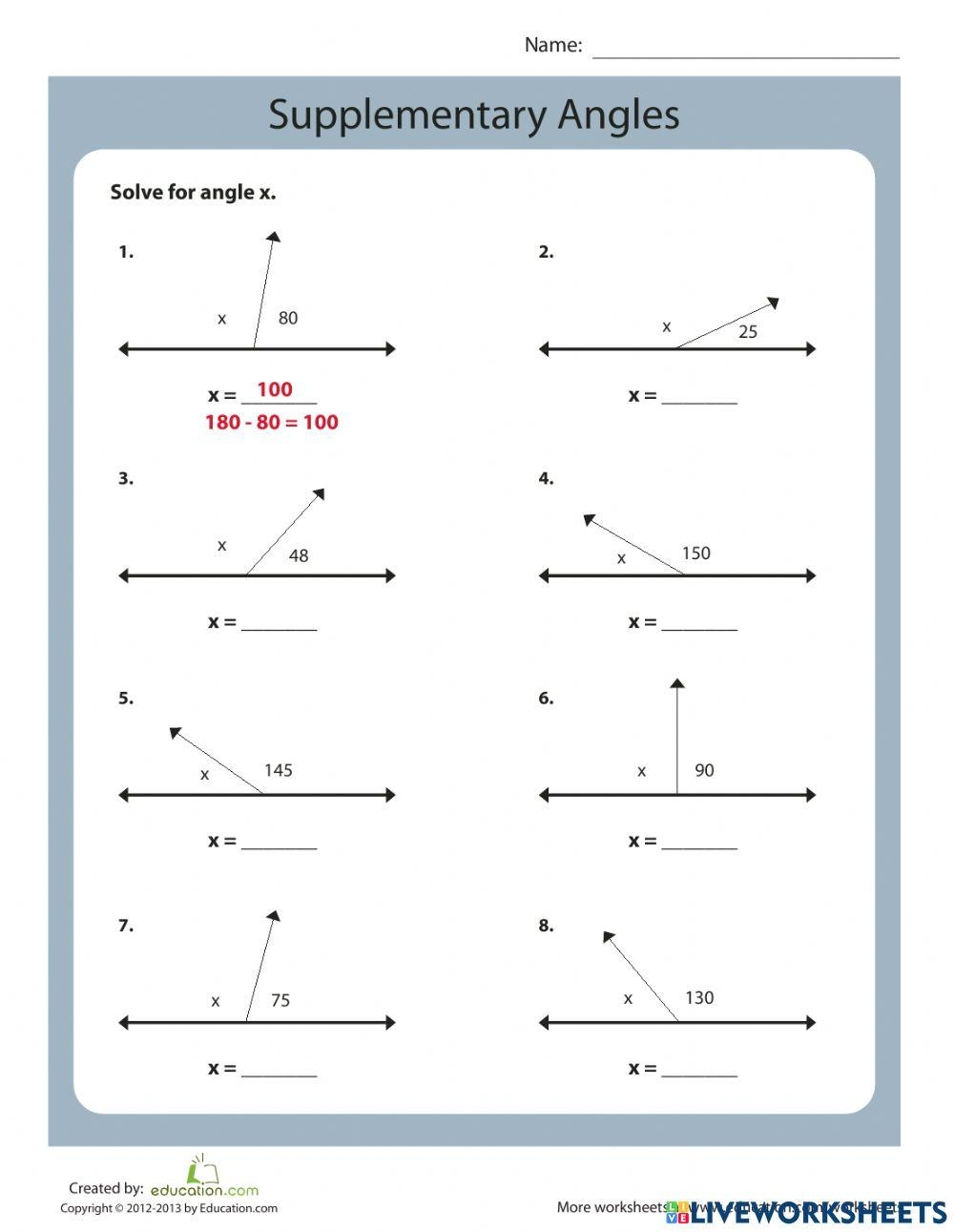 Complementary And Supplementary Angles Online Exercise For Live Worksheets Library