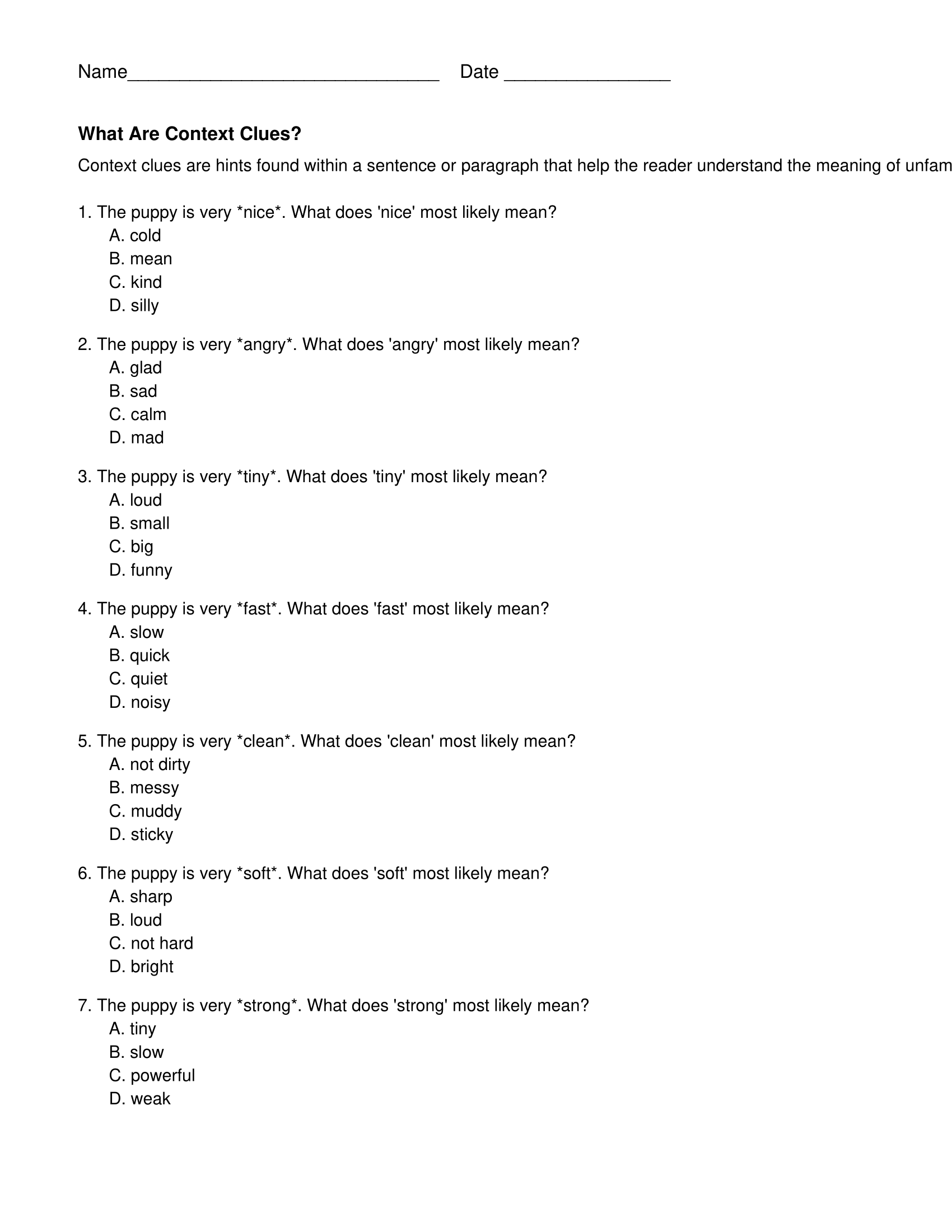 Context Clues Worksheets By Grade Printable Reading Activities