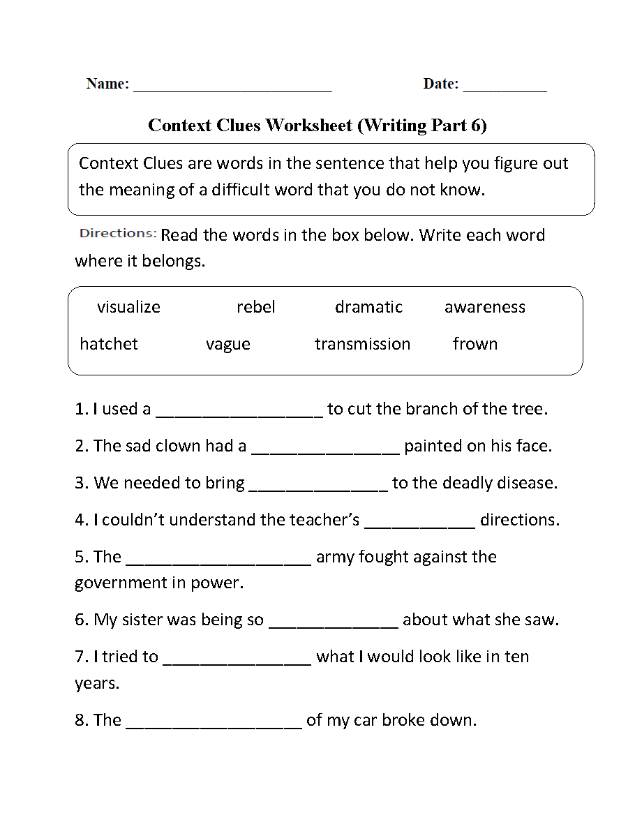 Context Clues Worksheets Printable Vocabulary Inference Activities