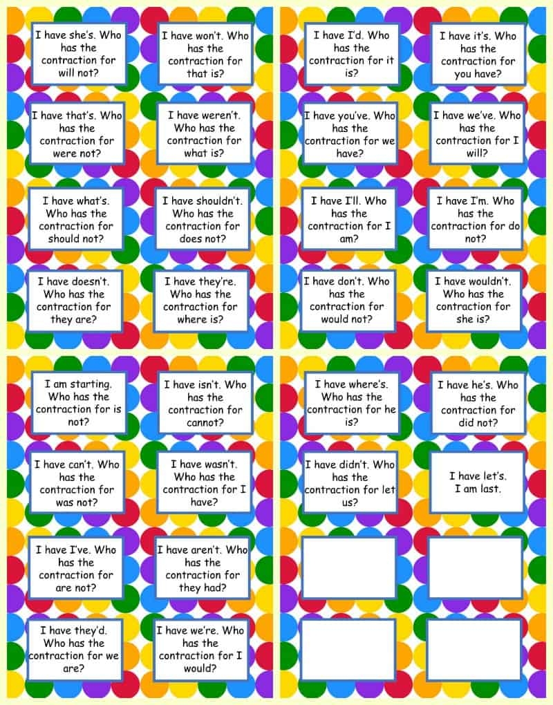 Contractions I Have Who Has Game The Curriculum Corner 123