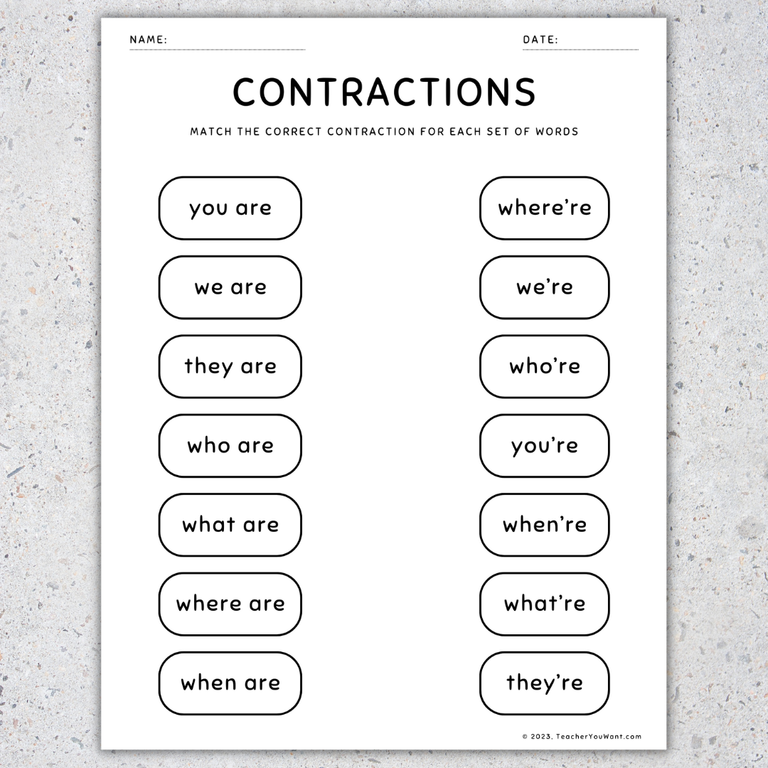 Contractions Worksheets Matching Game Activity Assessment Made By Teachers 10 Printable Contractions Worksheets 1st 2nd Grade ELA Worksheets Etsy