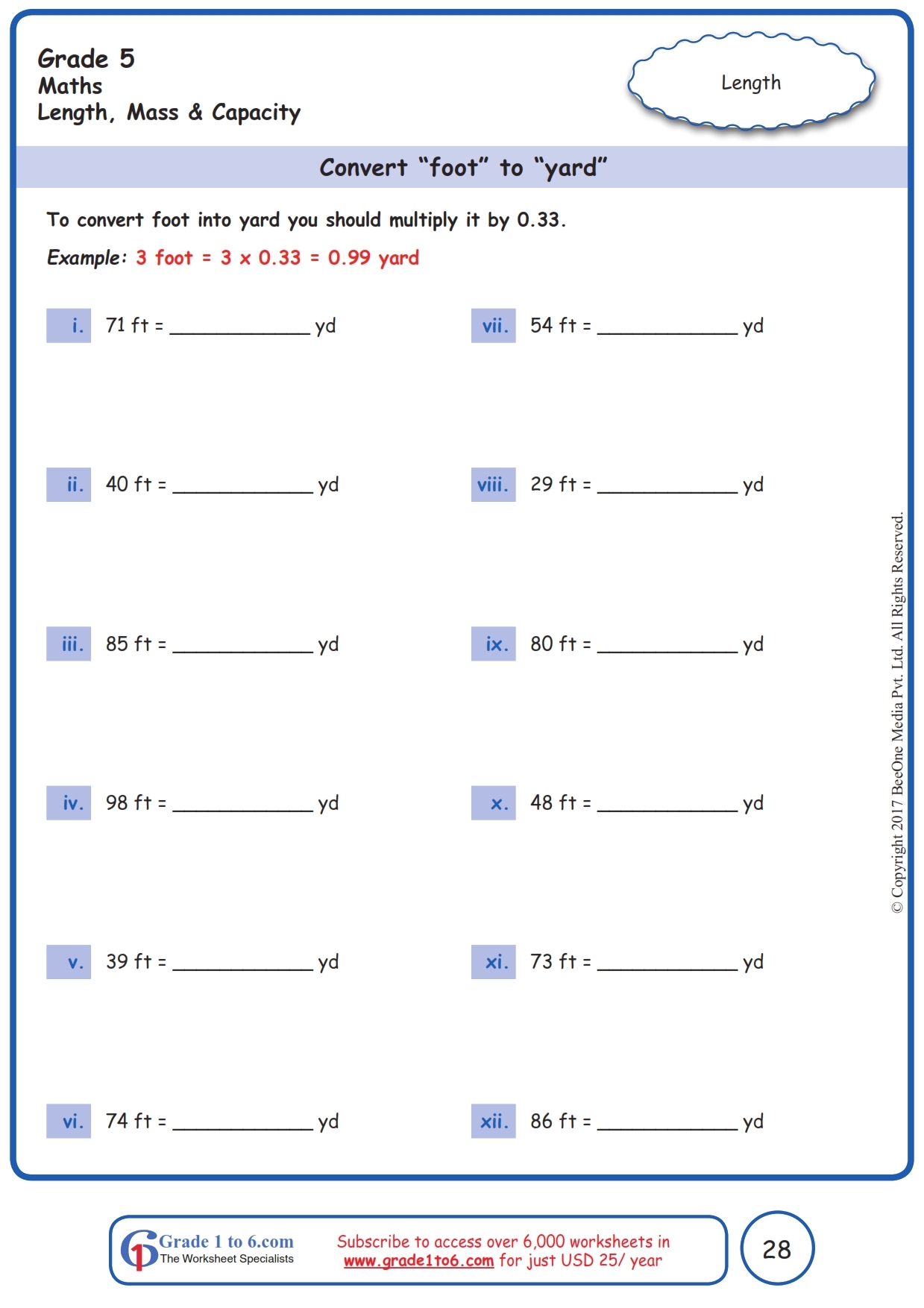 Convert Feet To Yards Worksheet Grade1to6