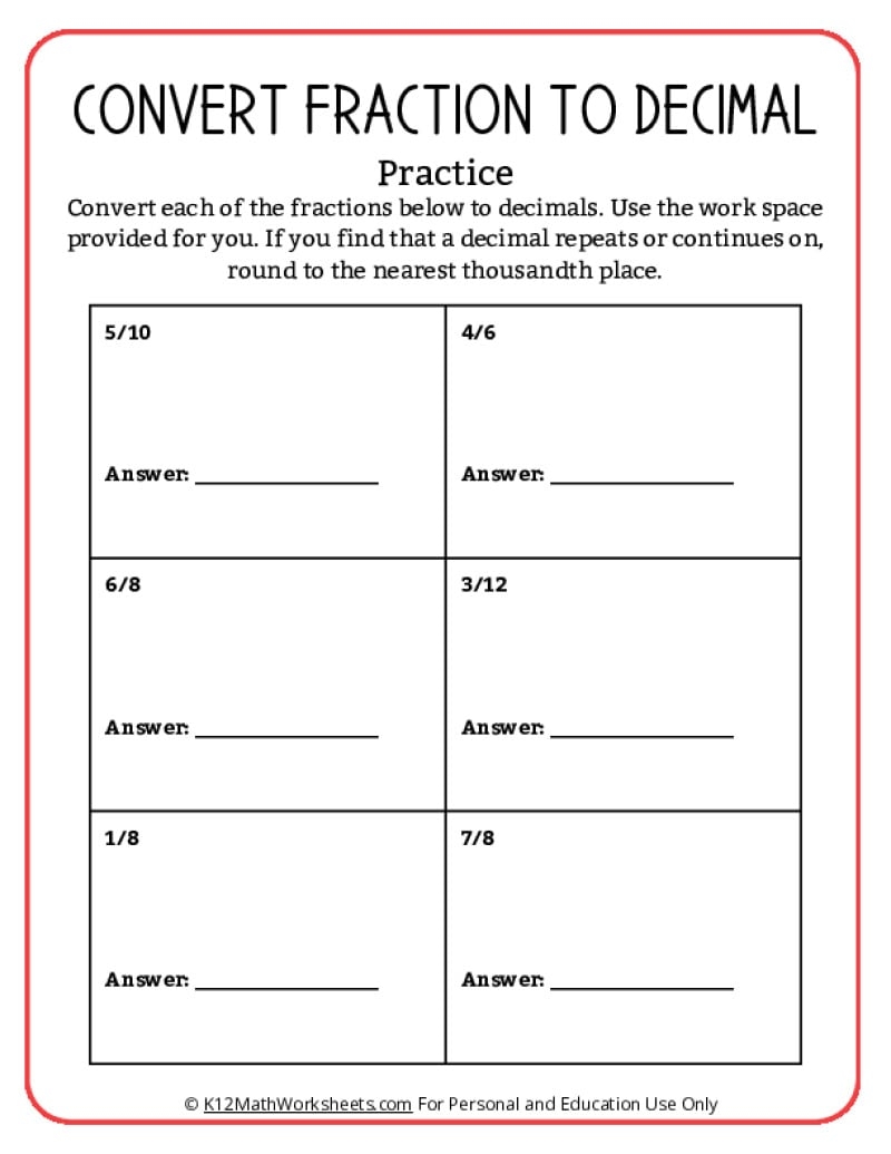 Converting Fractions To Decimals Worksheets