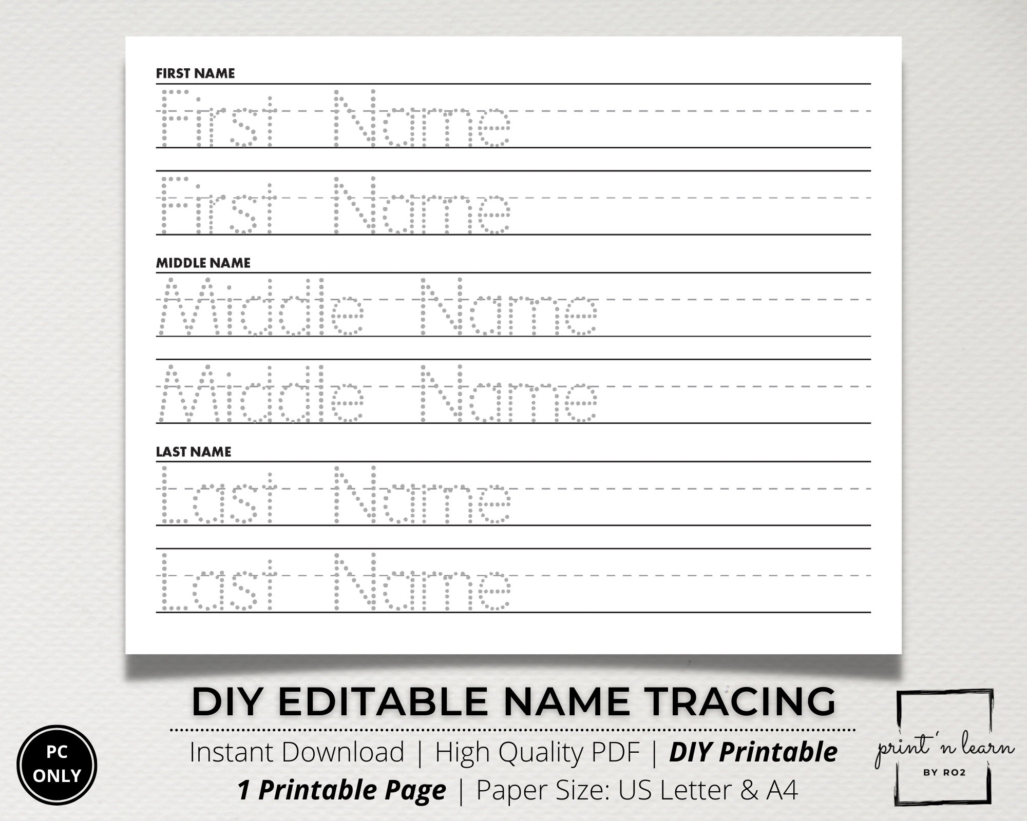 Custom Name Tracing Sheet Handwriting Practice Name Writing Name Worksheet Editable Name Tracing Name Trace Worksheet Dot Letters DIY Etsy