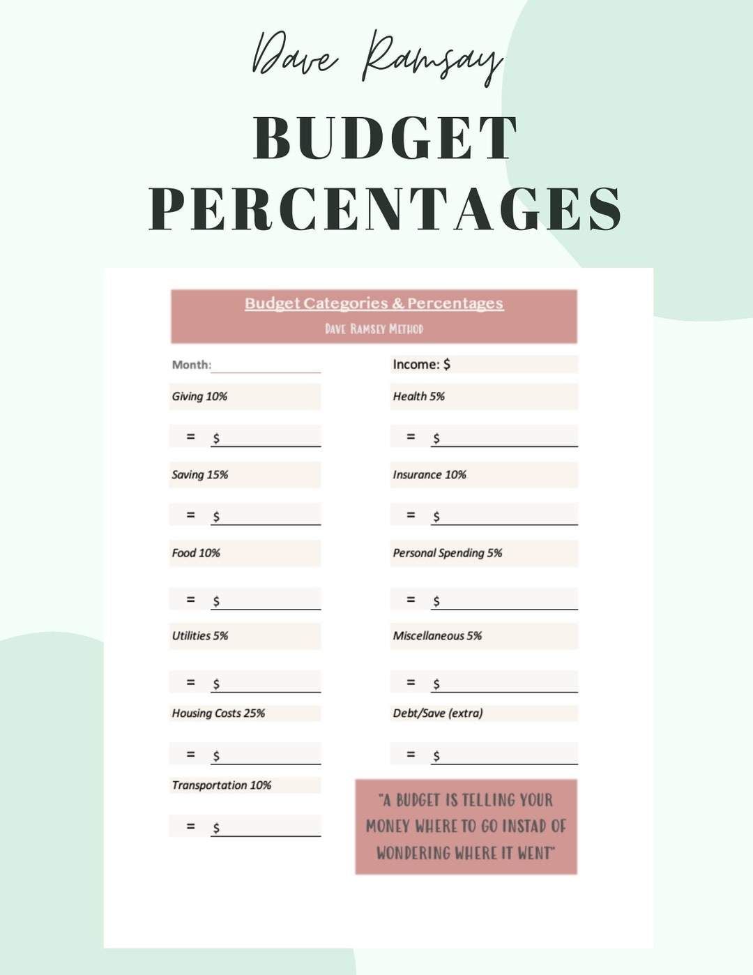 Dave Ramsey Budget Percentages Template Printable Pdf Download Dave Ramsey Ramsey Solutions Etsy