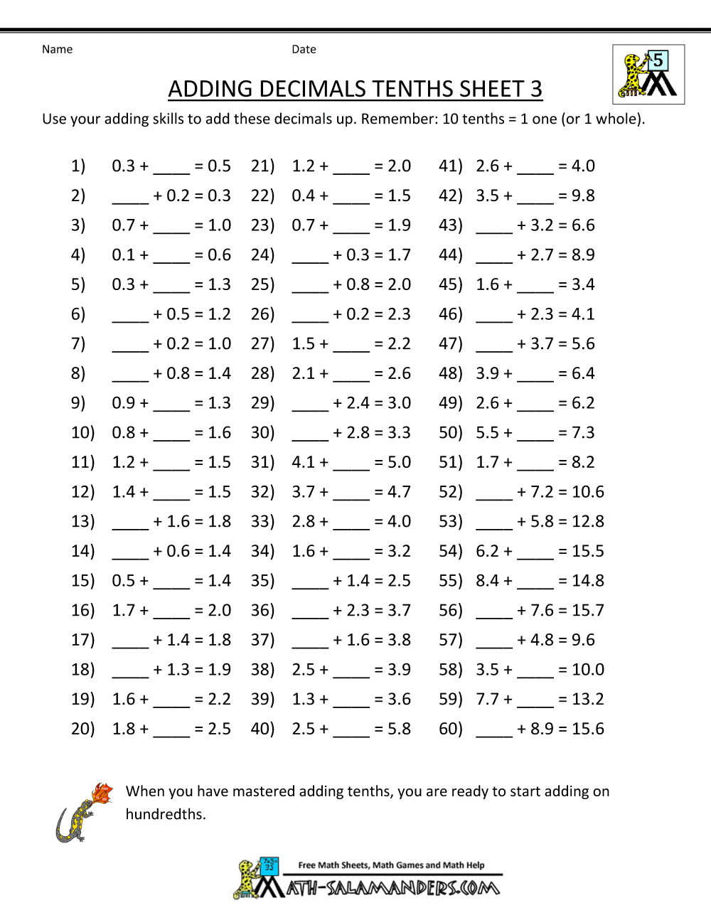 Subtracting Decimals Worksheet