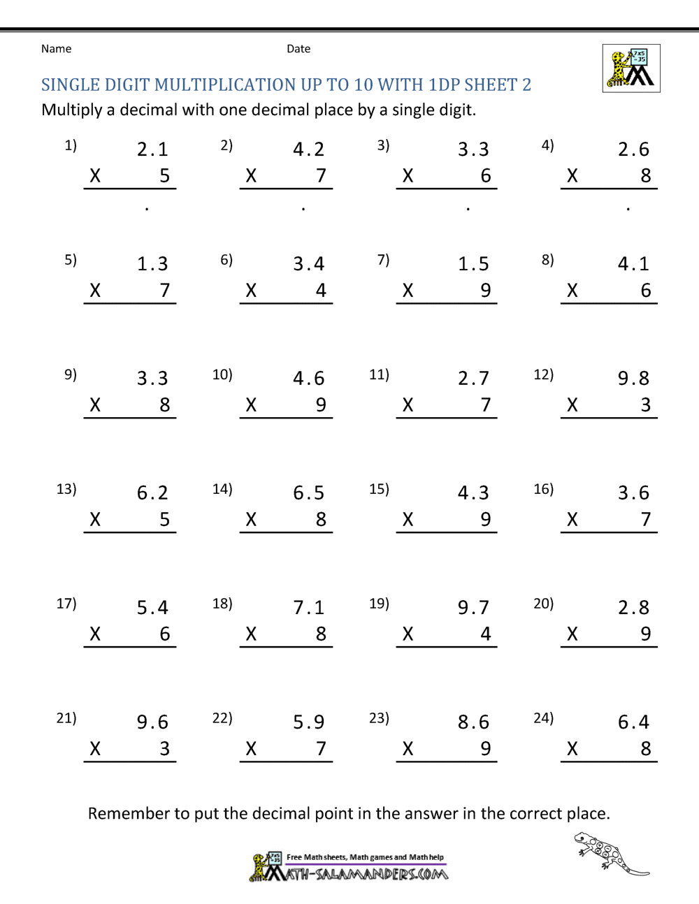 Decimal Multiplication Worksheets 5th Grade