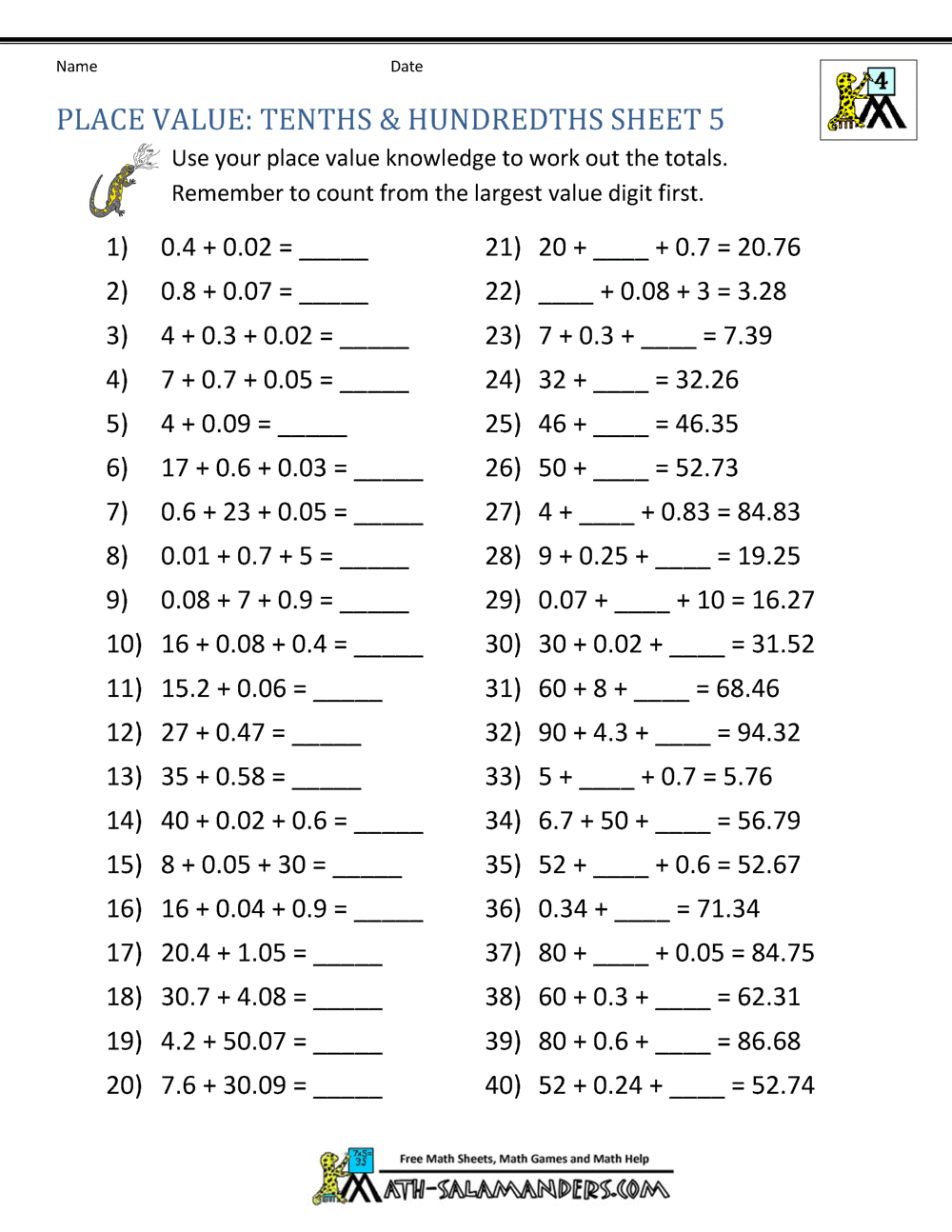 Decimal Place Value Worksheets 4th Grade