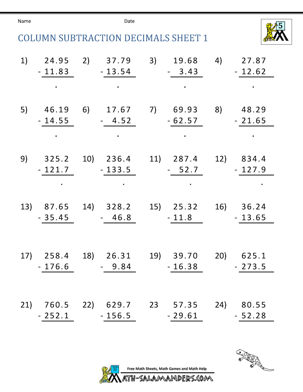 Decimal Subtraction Worksheets
