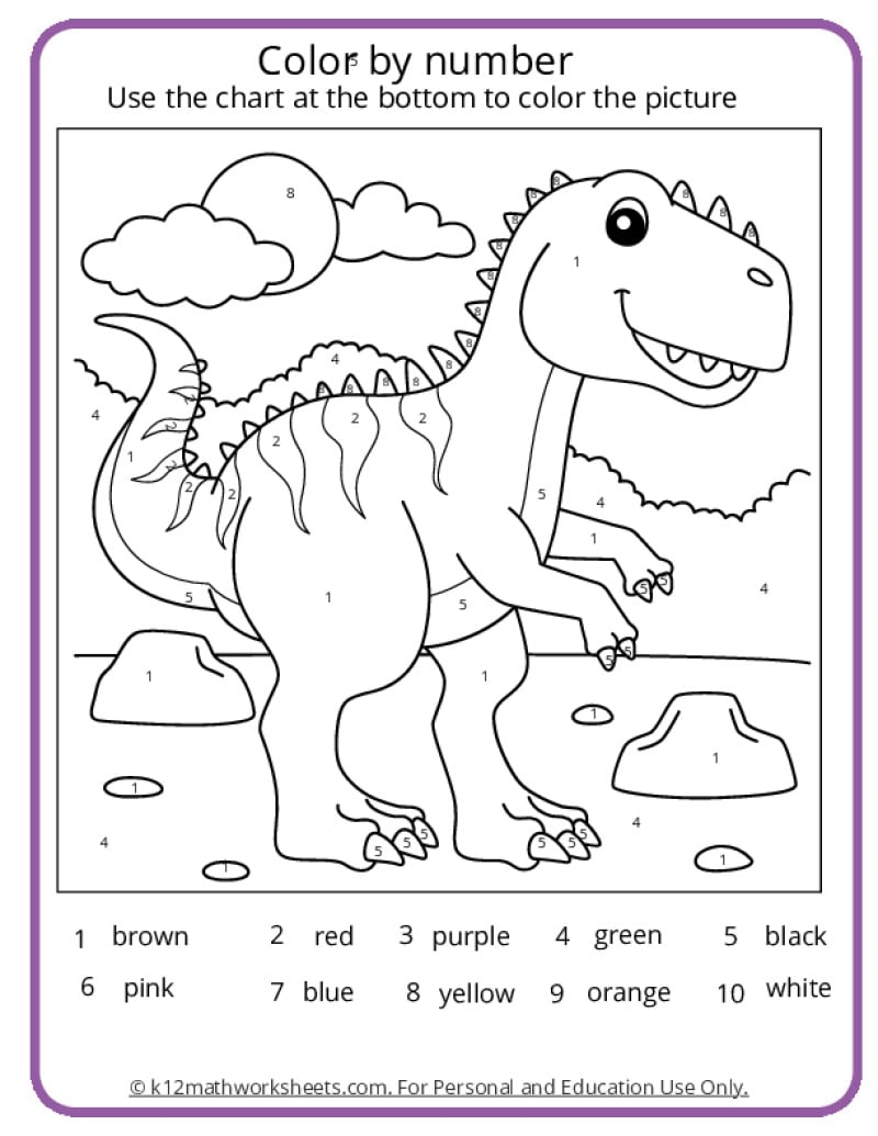 Dinosaur Color By Number Pages K12 Math Worksheets Cat Color By Number Worksheet Free Printable Digital PDF