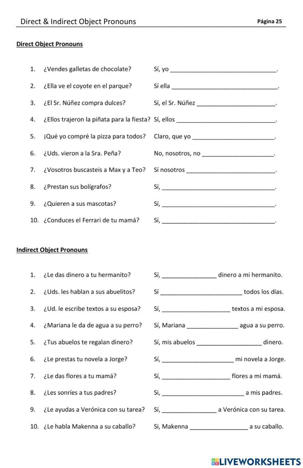 Direct Indirect Object Pronouns Worksheet Worksheets Library