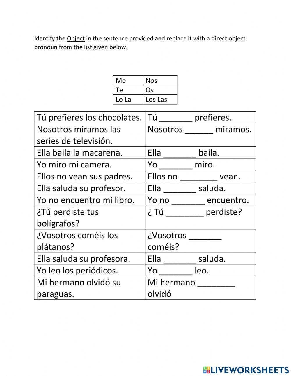 Direct Object Pronouns Exercise Worksheets Library