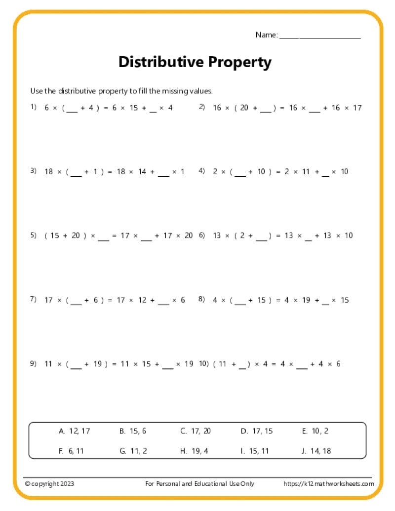 Distributive Property Worksheets