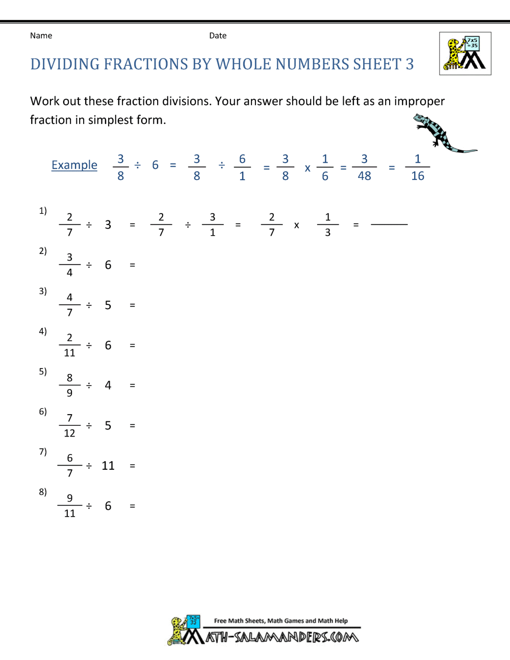 Dividing Fractions Worksheets