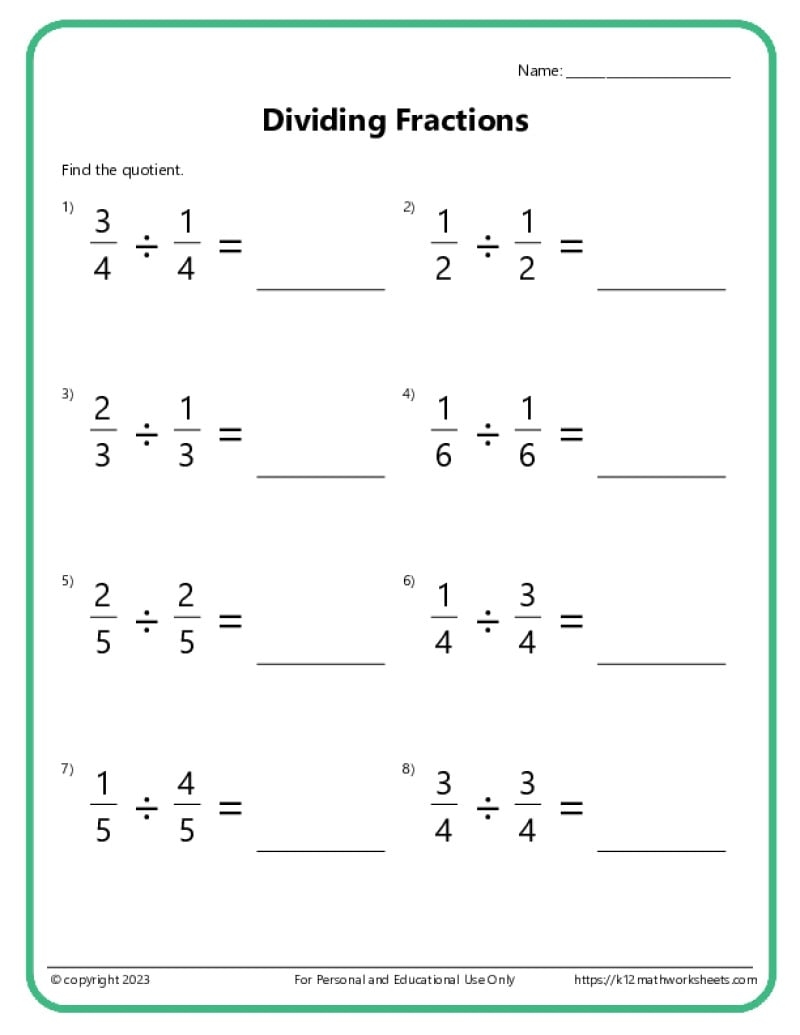 Dividing Fractions Worksheets Dividing Fractions Worksheets