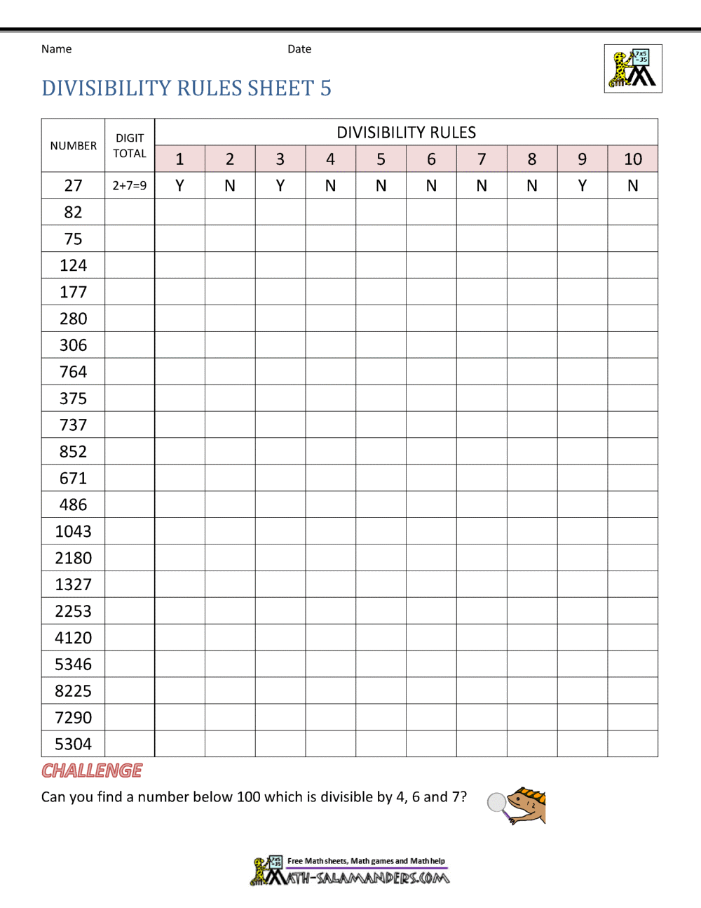 Divisibility Rules Worksheets