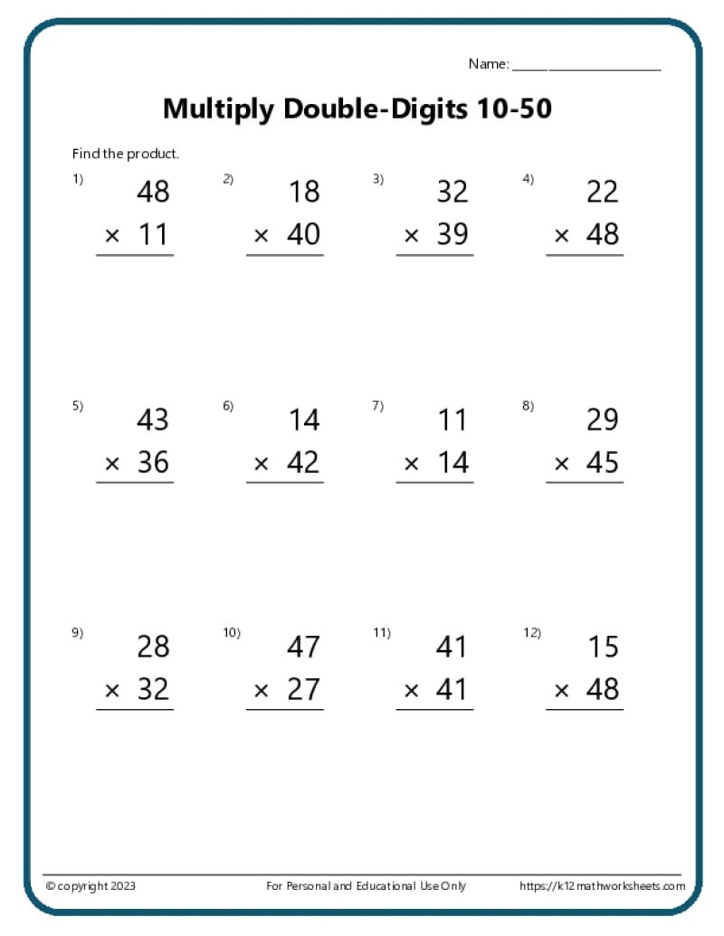 Double Digit Multiplication Worksheets Free 2 Digit By 2 Digit Multiplication Worksheets Teach Prints