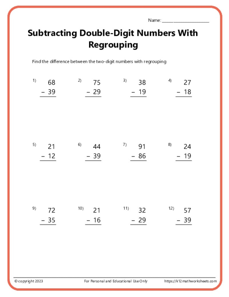 Two Digit Subtraction Worksheets With Regrouping PDF Etsy