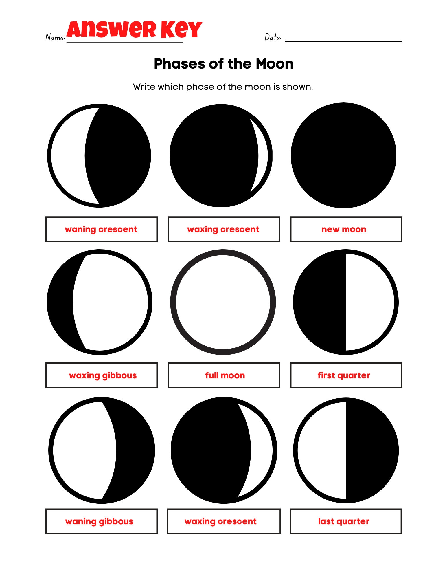 Easy Phases Of The Moon Worksheet Fun PDF Print Activity With Answer Key Etsy Finland