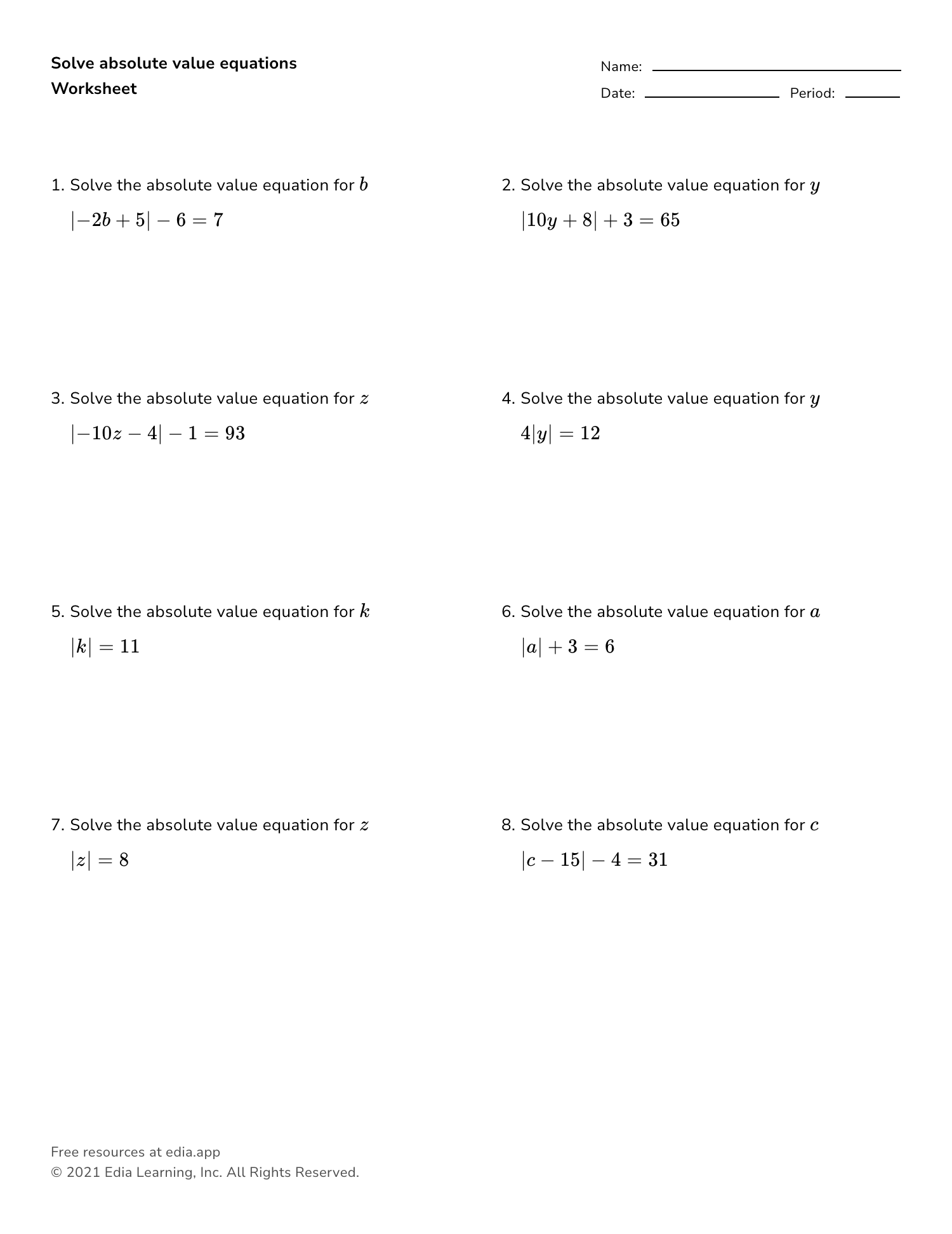 Eighth Grade Absolute Value Worksheet