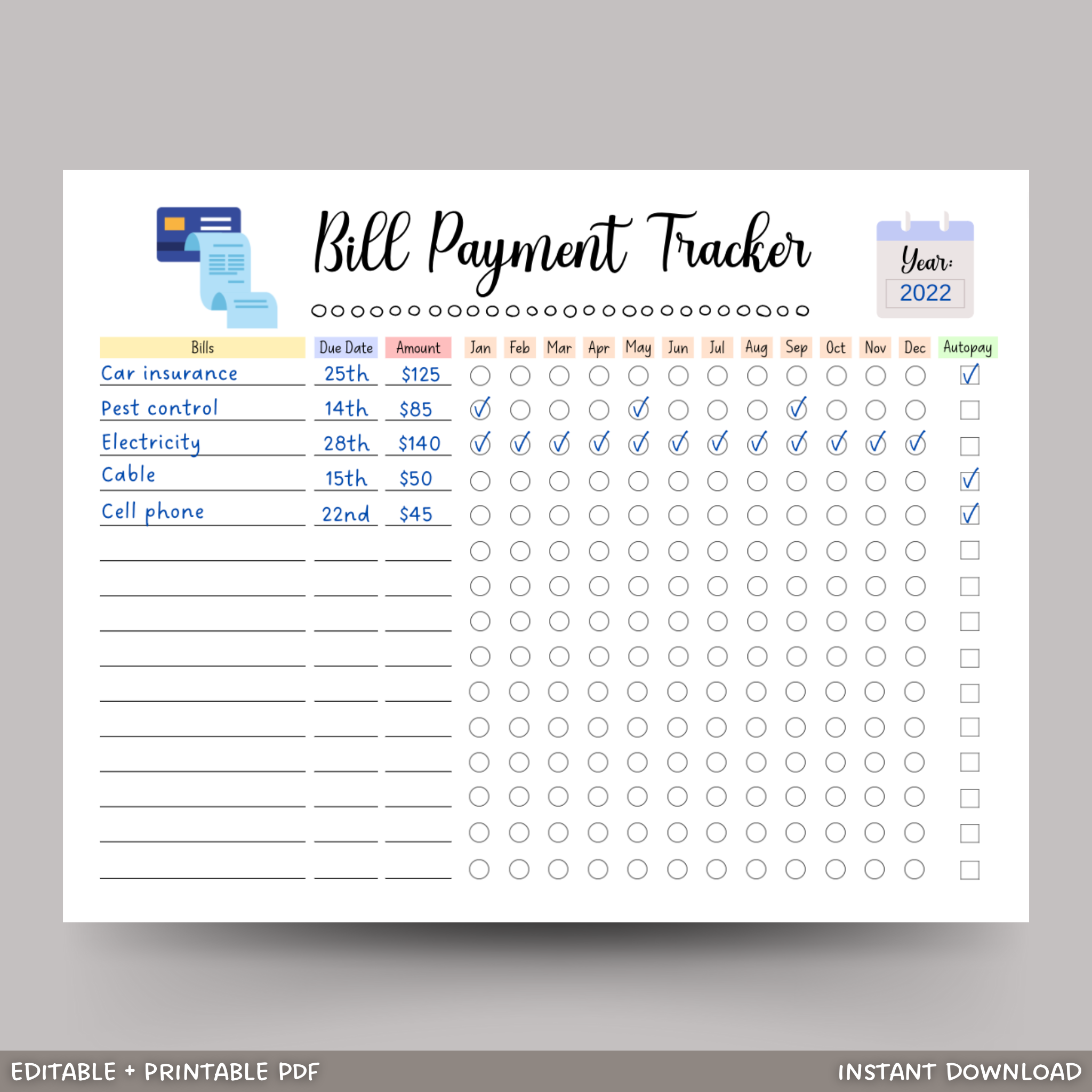 Editable Yearly Bill Tracker Printable Monthly Bill Planner Worksheets Library