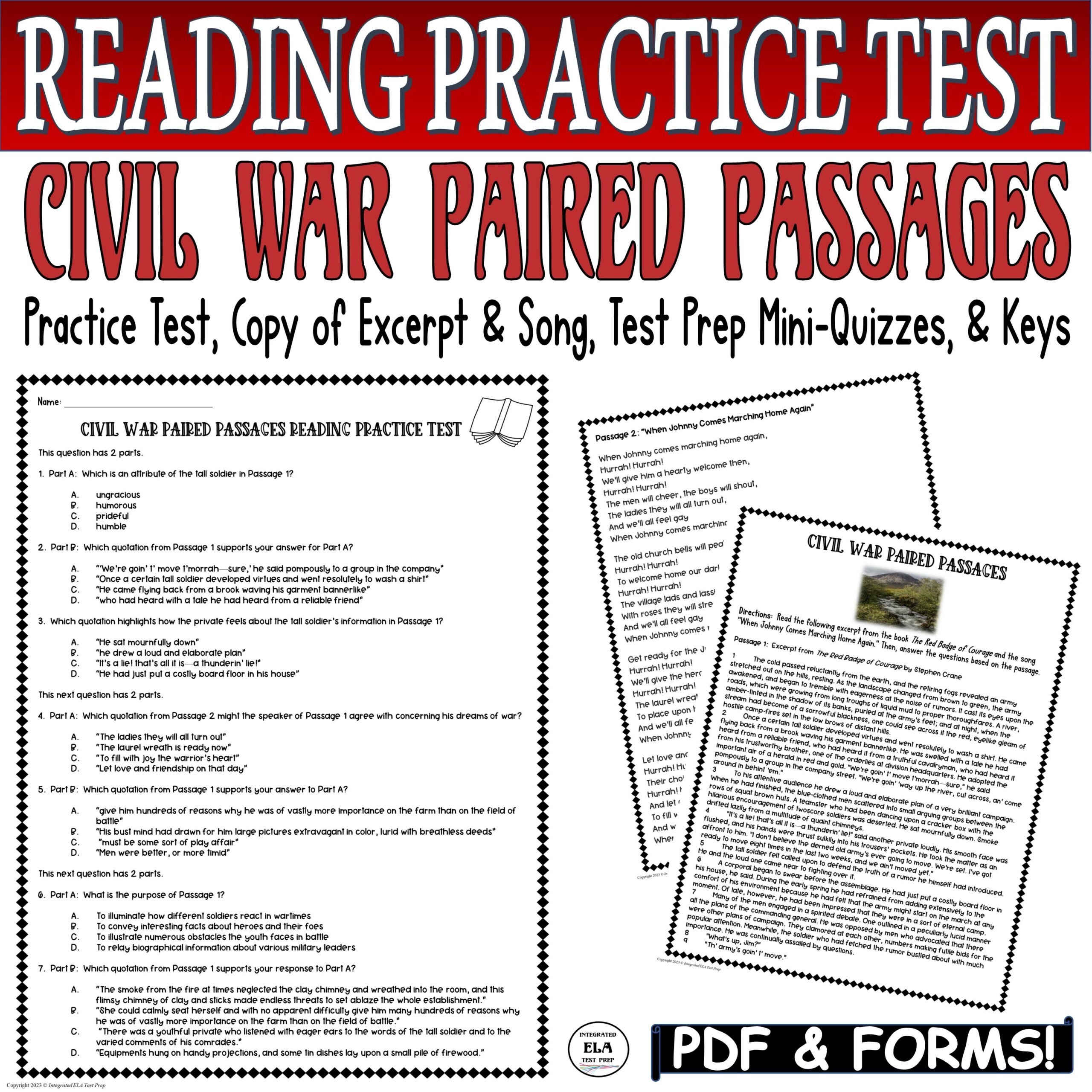 ELA Test Prep PRACTICE TEST Paired Passages With Questions Reading Comprehension Made By Teachers