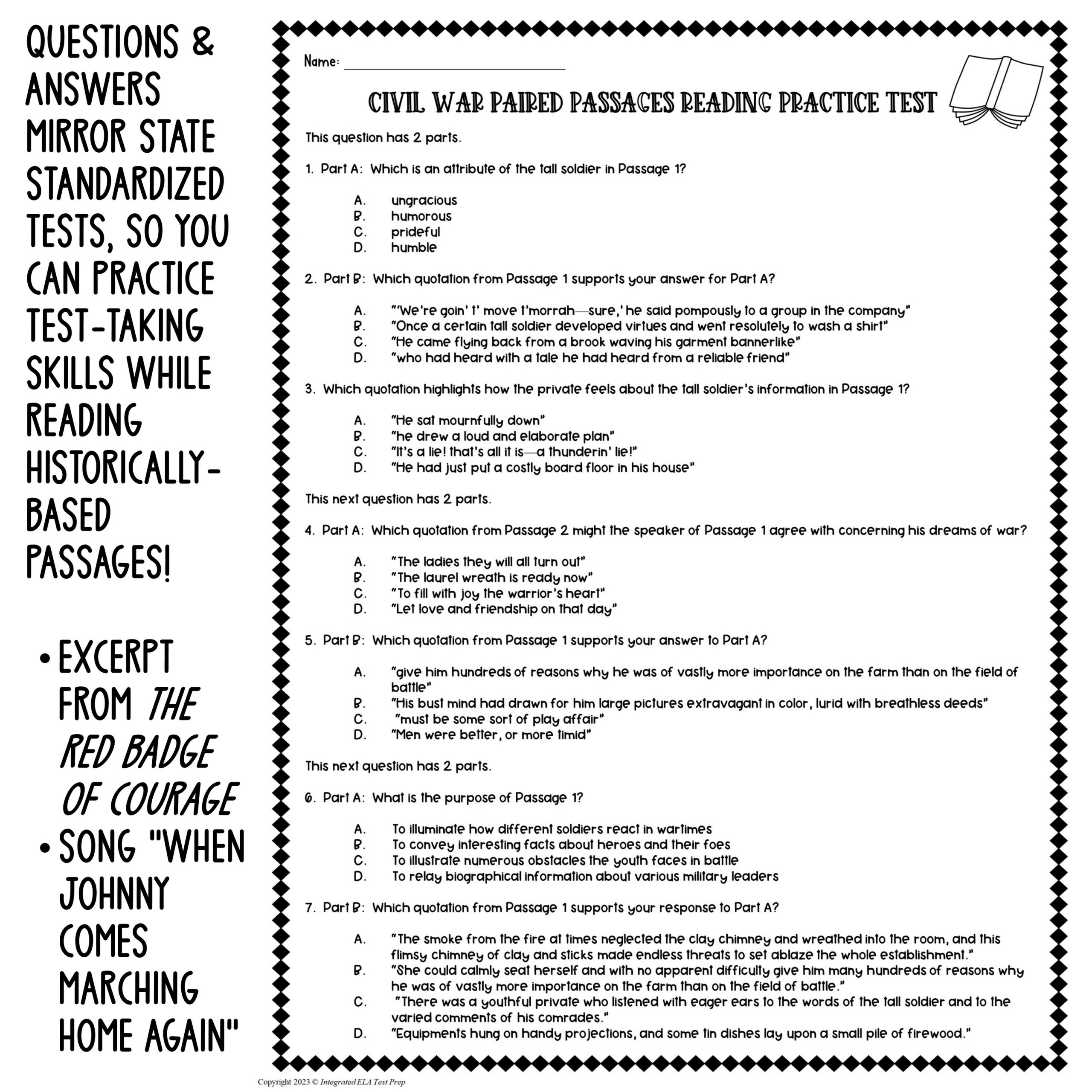 ELA Test Prep PRACTICE TEST Paired Passages With Questions Reading Comprehension Made By Teachers