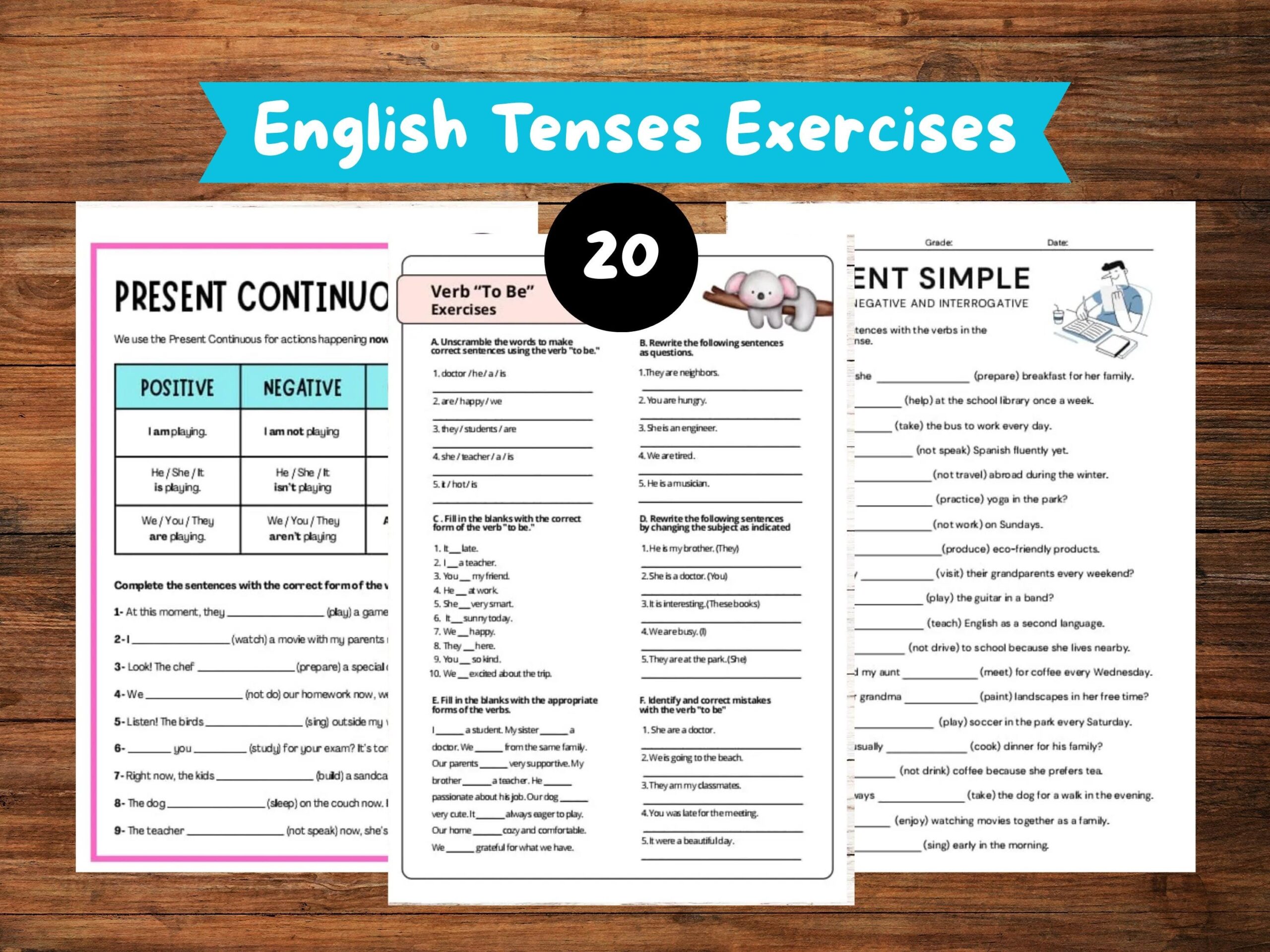 English Tenses Exercises Printable PDF For Kids Students Adults ESL Learners Homeschool Classroom Grammar Practice Worksheets Fun Learning Etsy