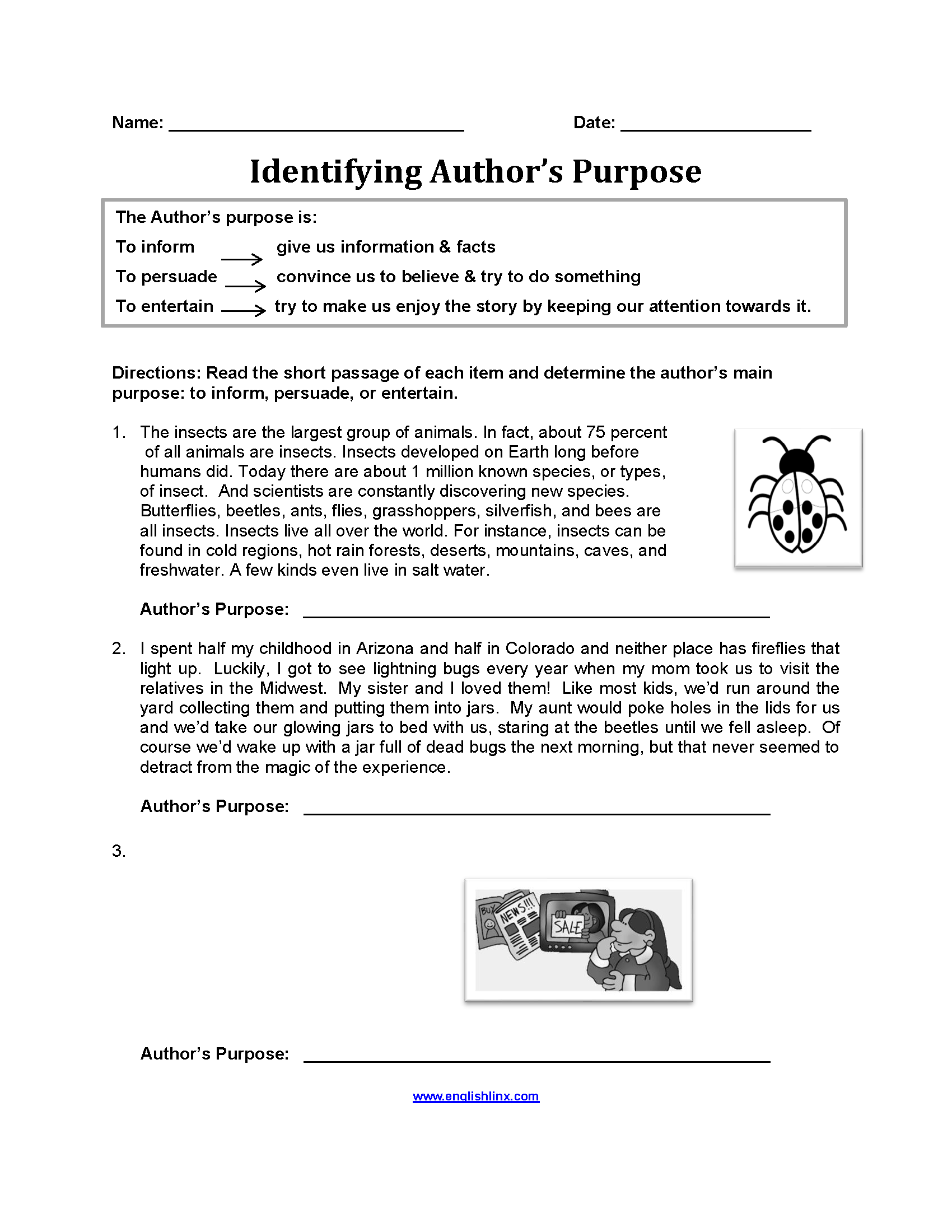 Englishlinx Author S Purpose Worksheets