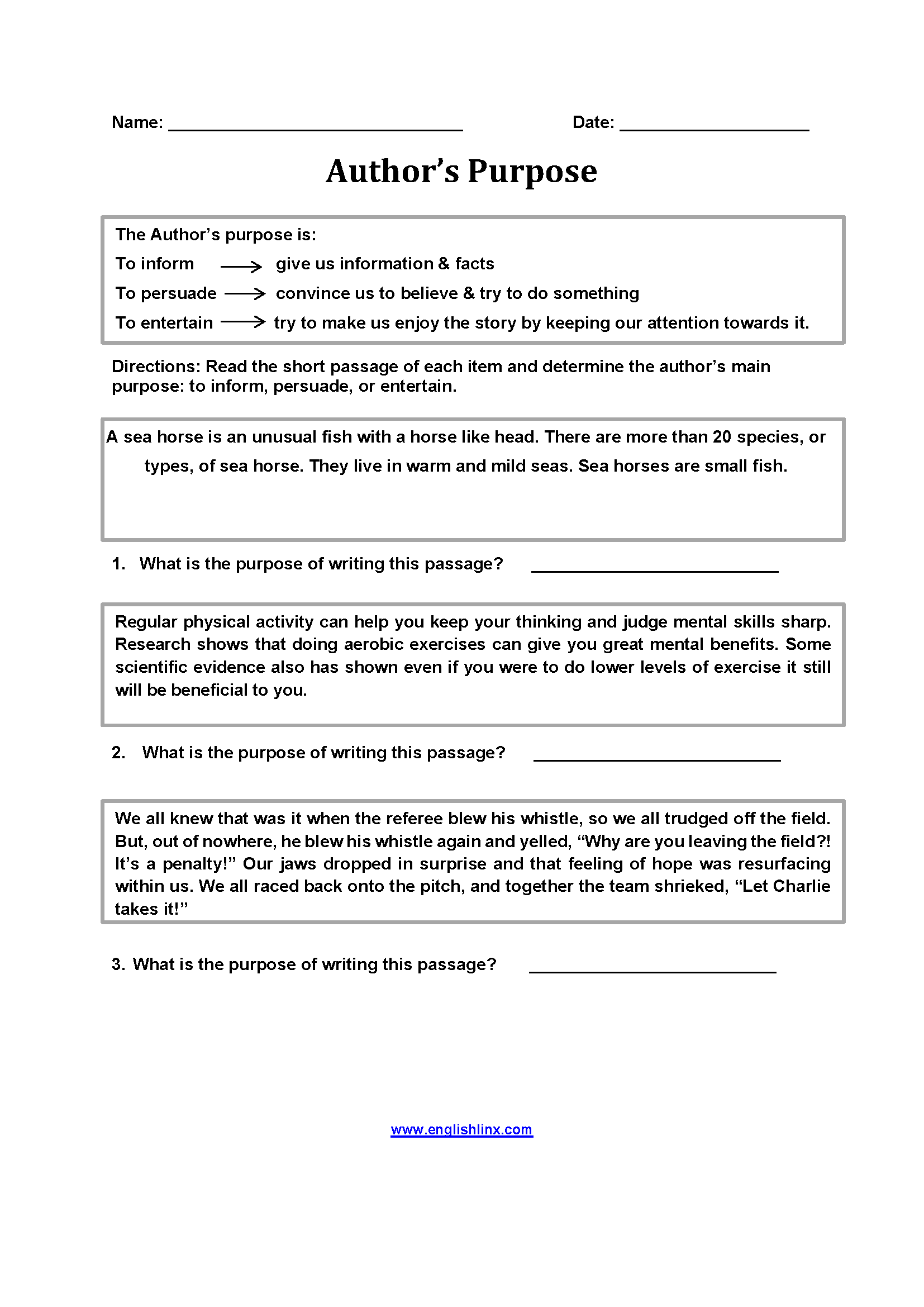 Englishlinx Author S Purpose Worksheets
