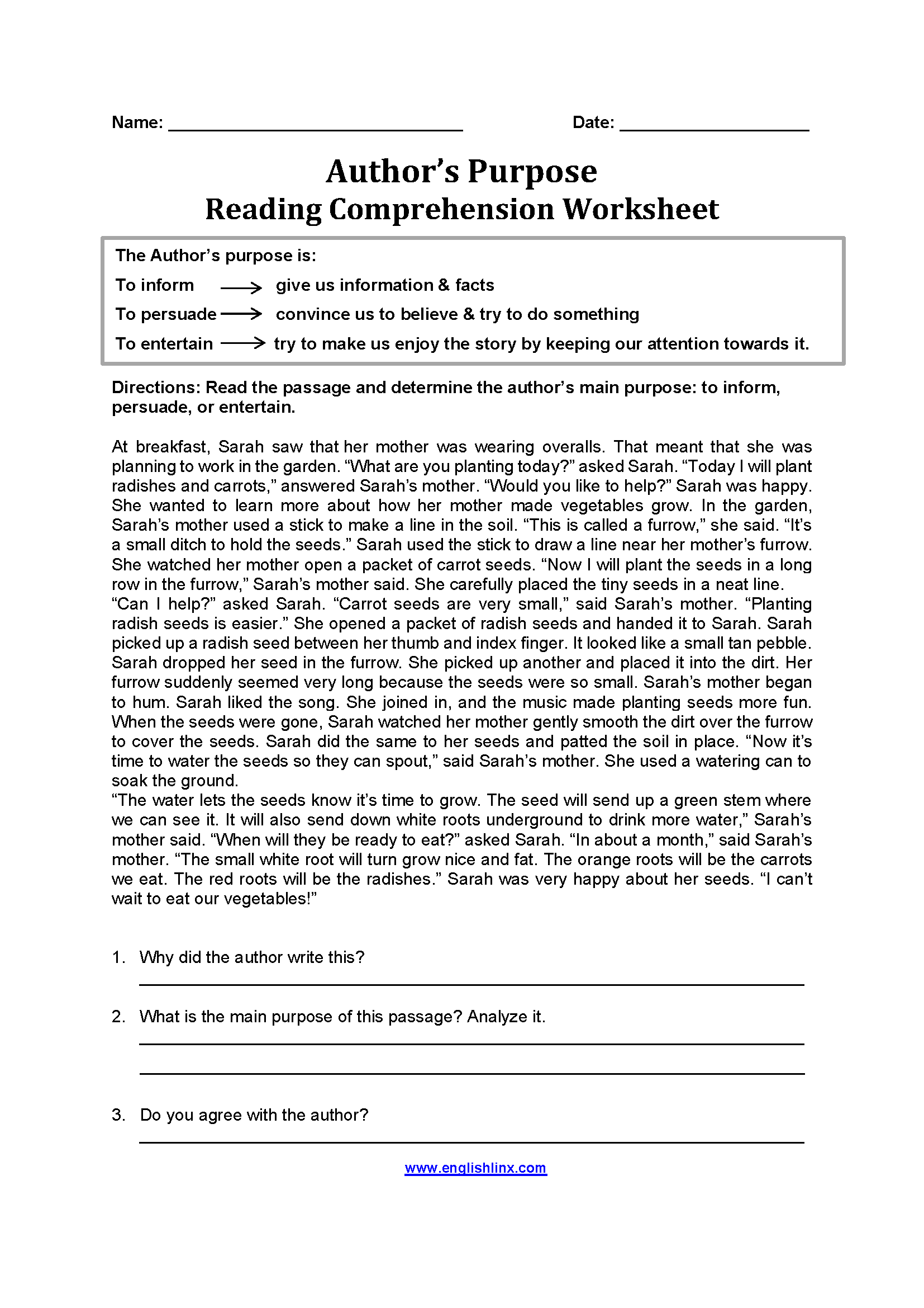 Englishlinx Author S Purpose Worksheets