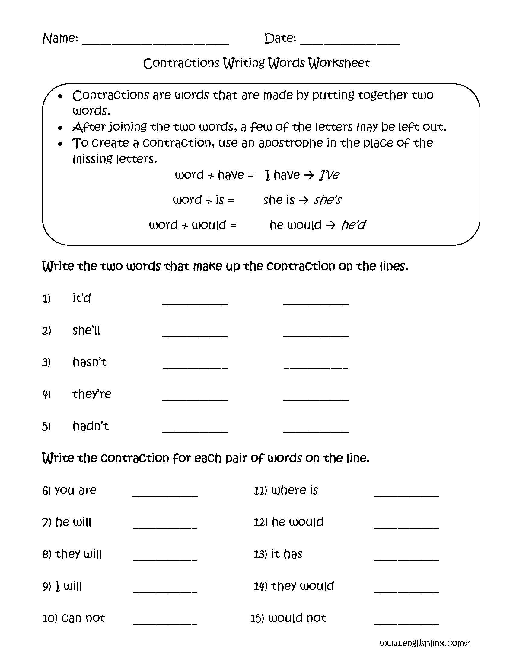 Englishlinx Contractions Worksheets Englishlinx Contractions Worksheets