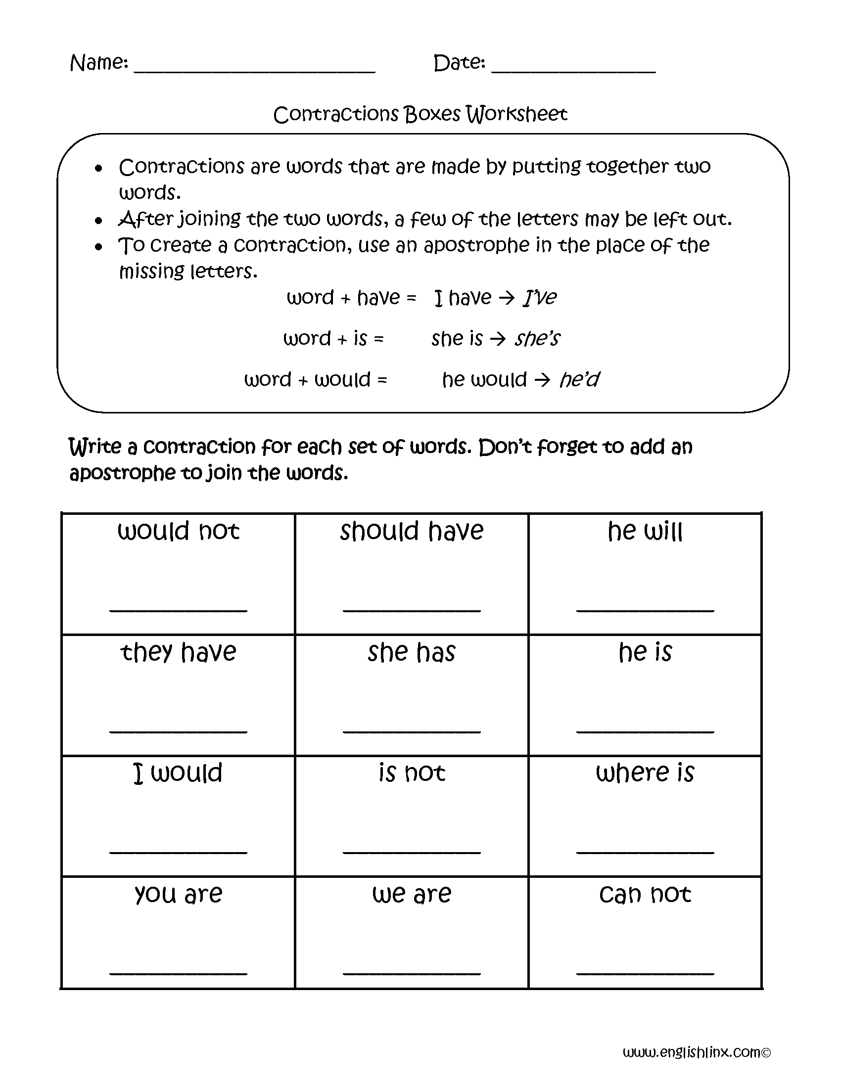 Englishlinx Contractions Worksheets