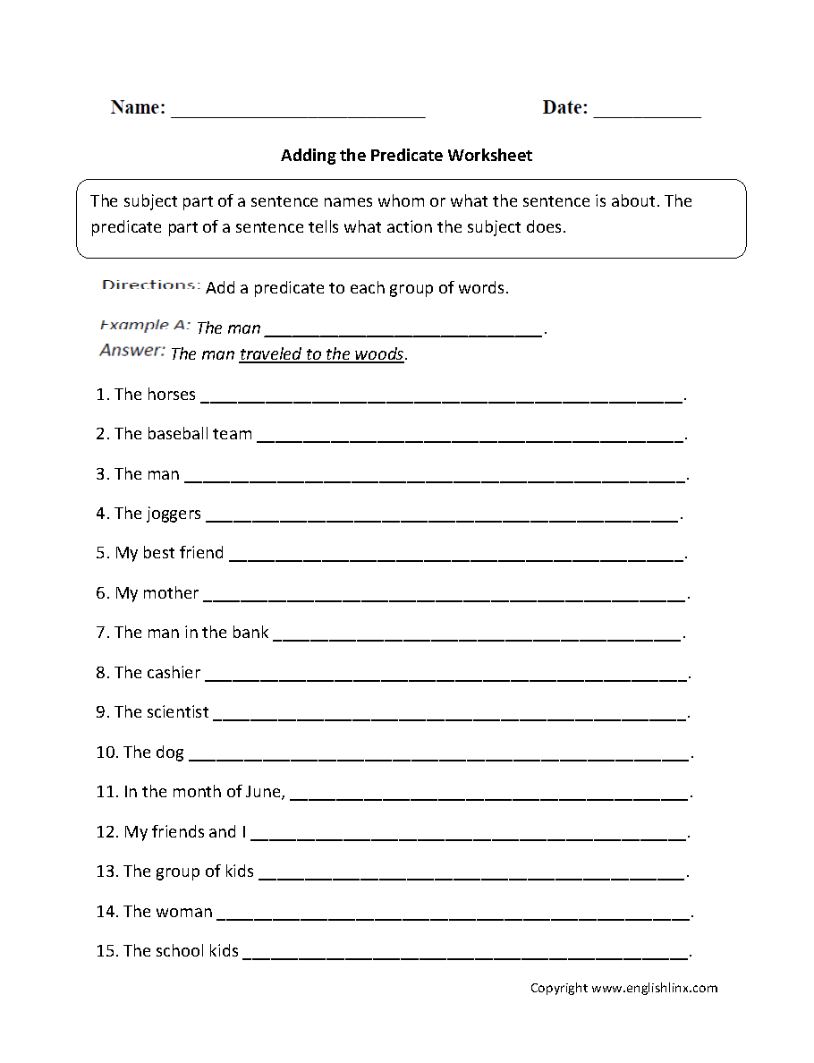 Englishlinx Subject And Predicate Worksheets