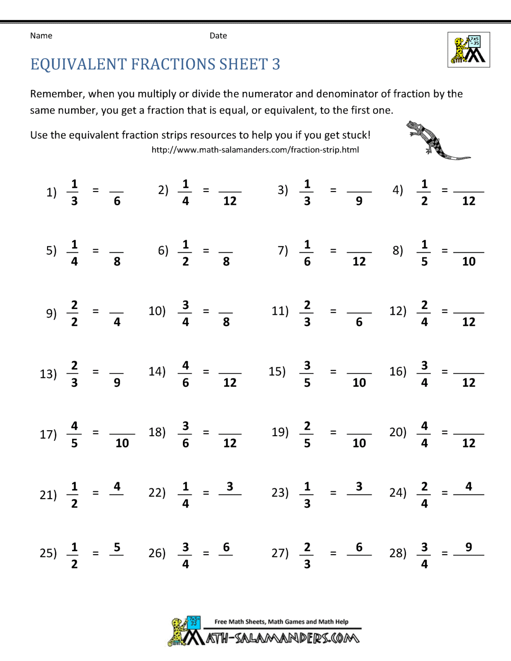 Equivalent Fractions Worksheet Equivalent Fractions Worksheet