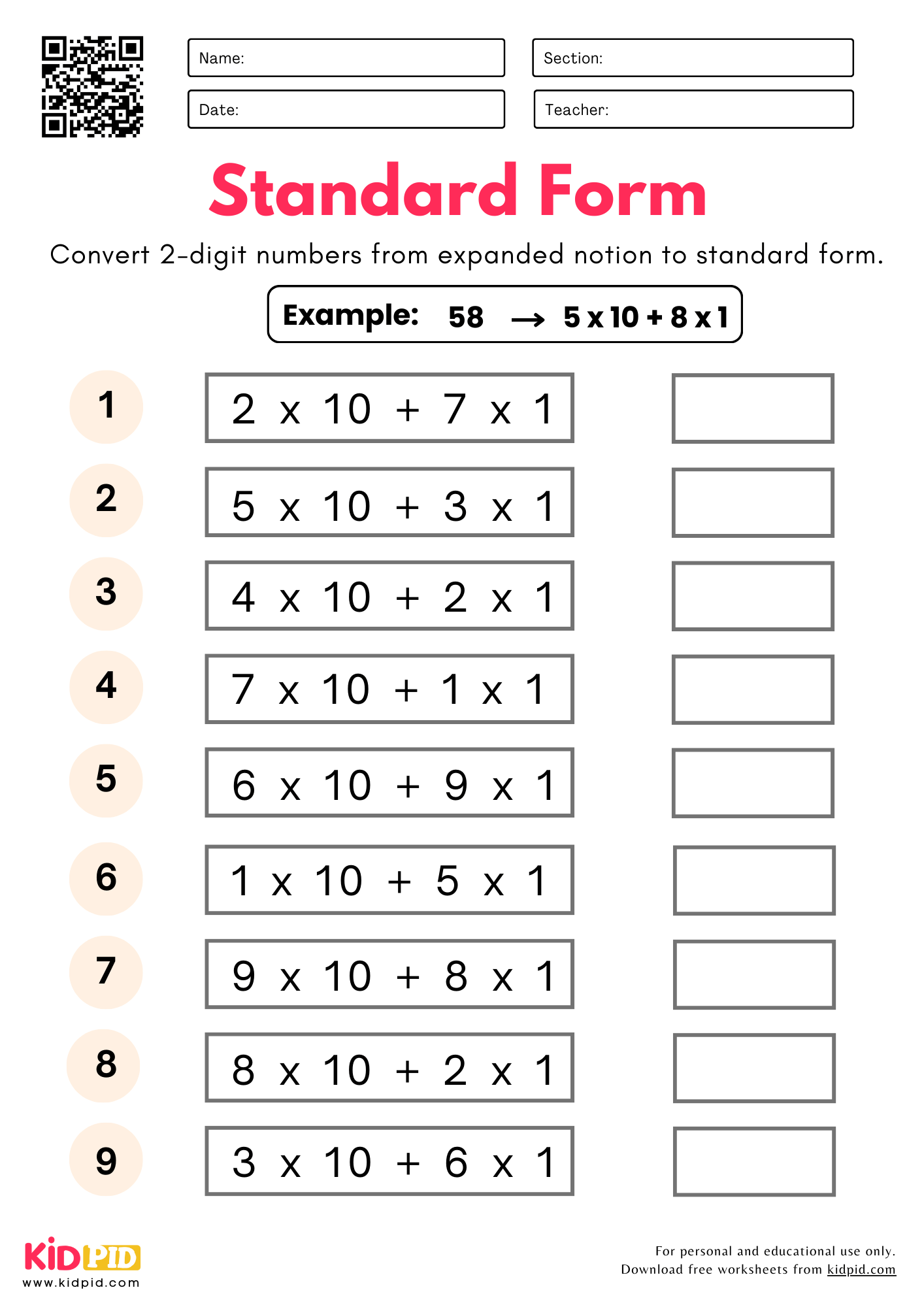 Expanded Form To Standard Form 2 Digit Worksheets Grade 1 Kidpid