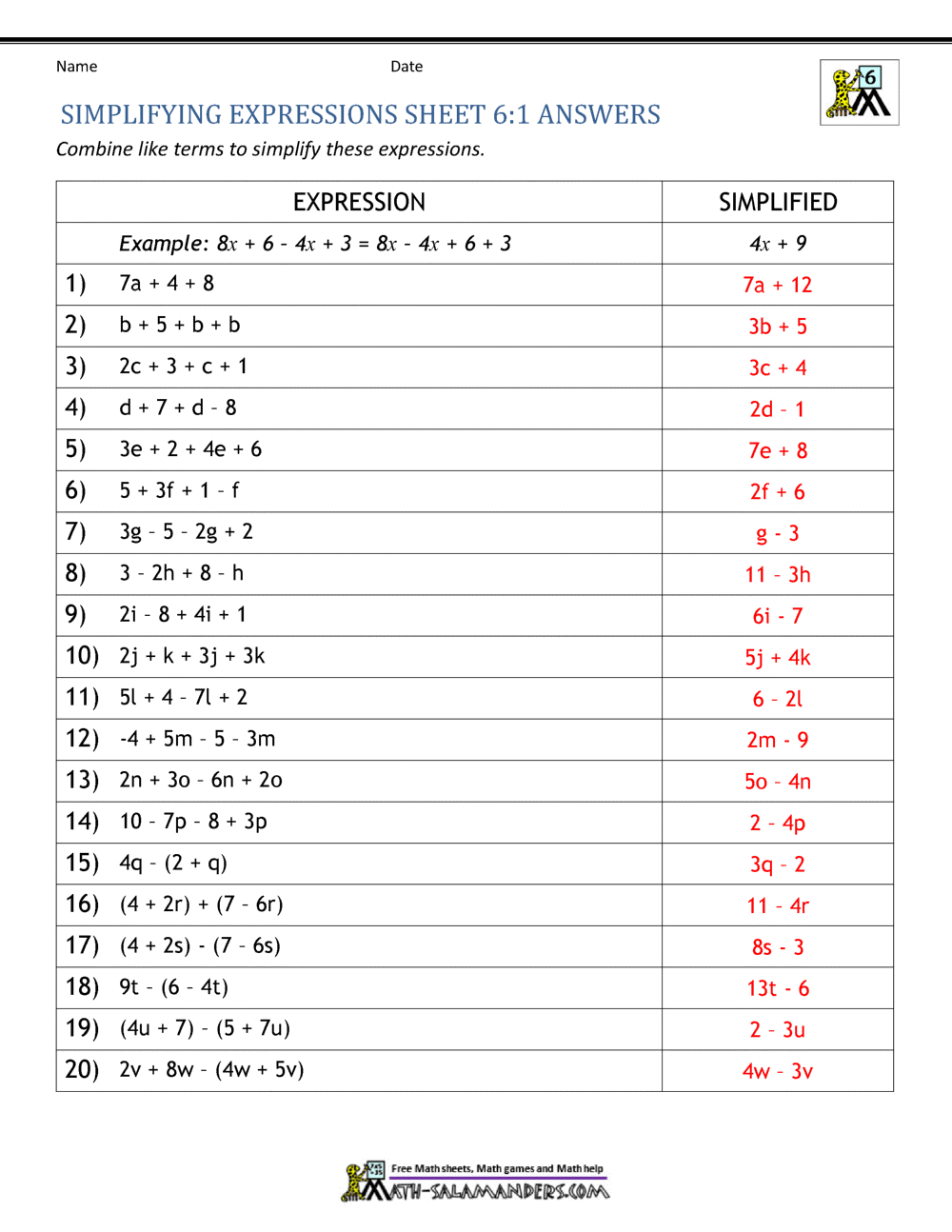 Expressions And Equations 6th Grade Worksheets Library