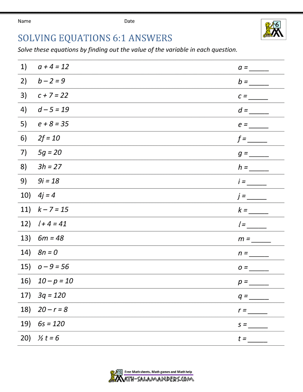 Expressions And Equations 6th Grade