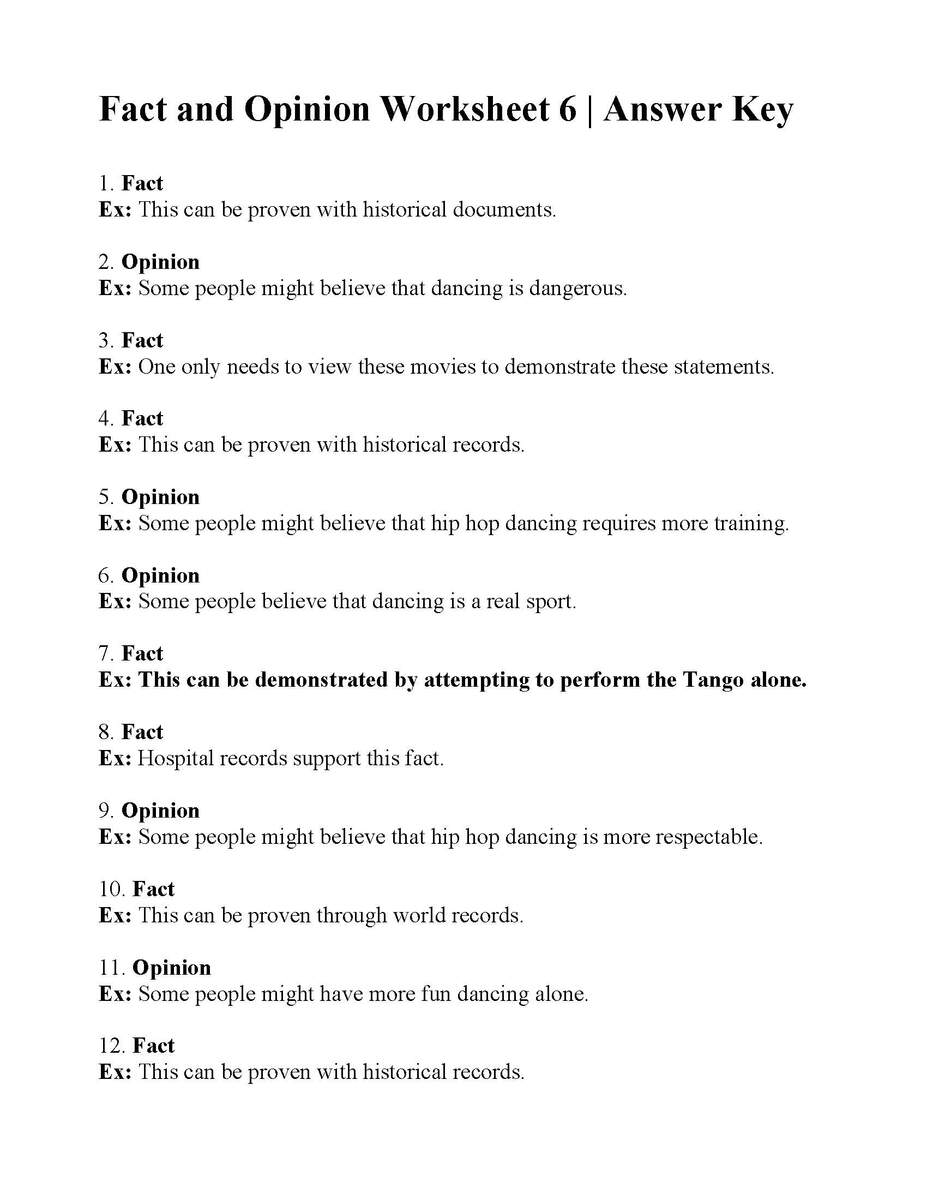 Fact And Opinion Worksheet 6 Reading Activity